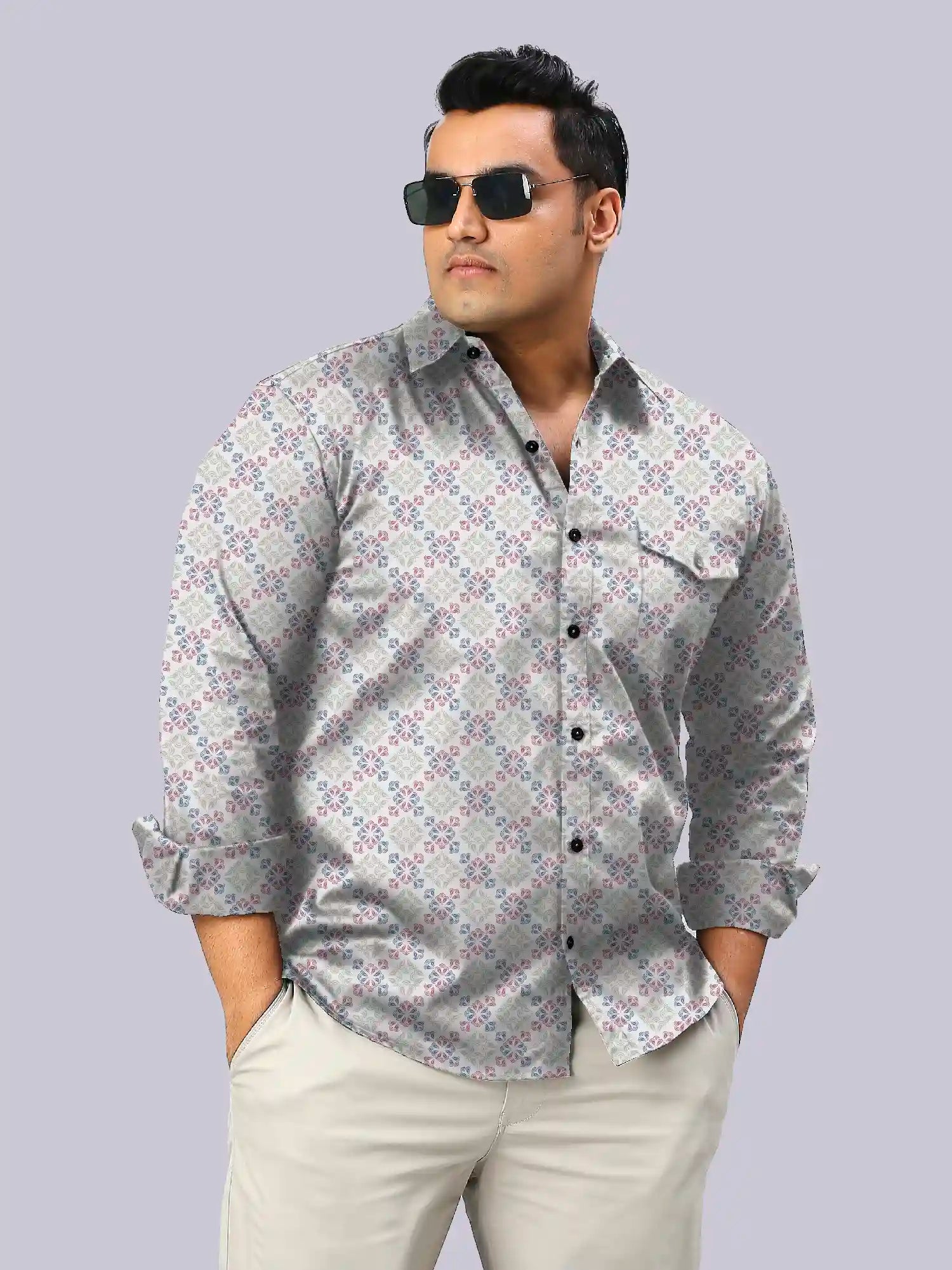 Grey White Floral Men's Plus Size Full Shirt