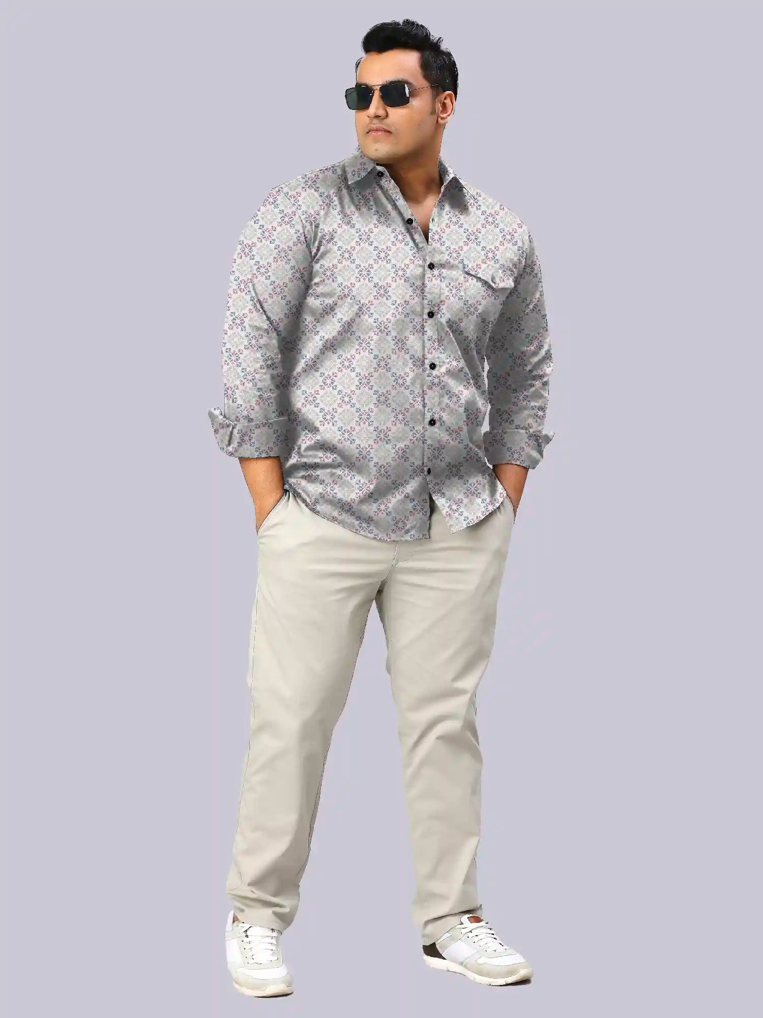 Grey White Floral Men's Plus Size Full Shirt