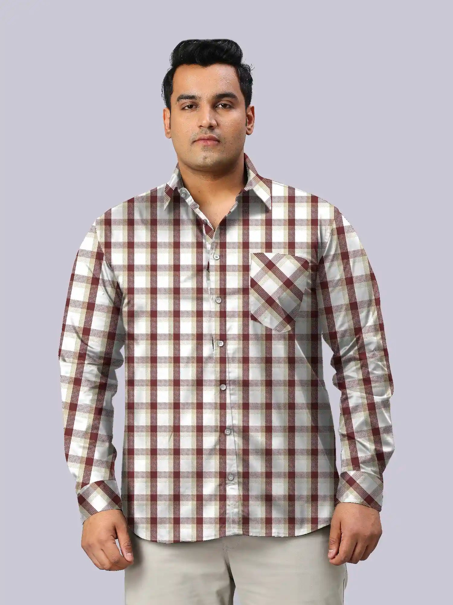 Light Yellow Checks Men's Plus Size Full Shirt
