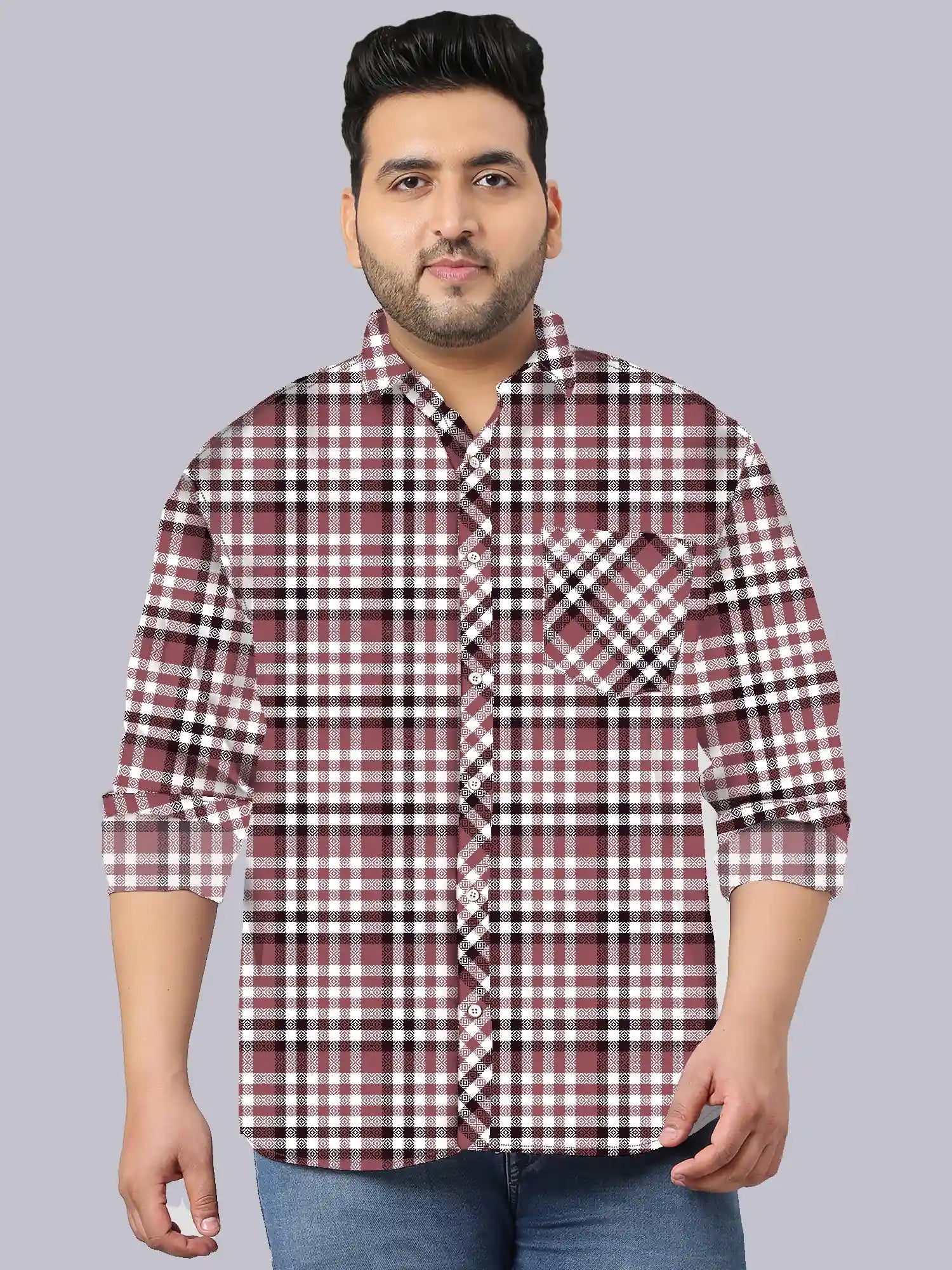 Magenta and Black Checks Men's Plus Size Full Shirt