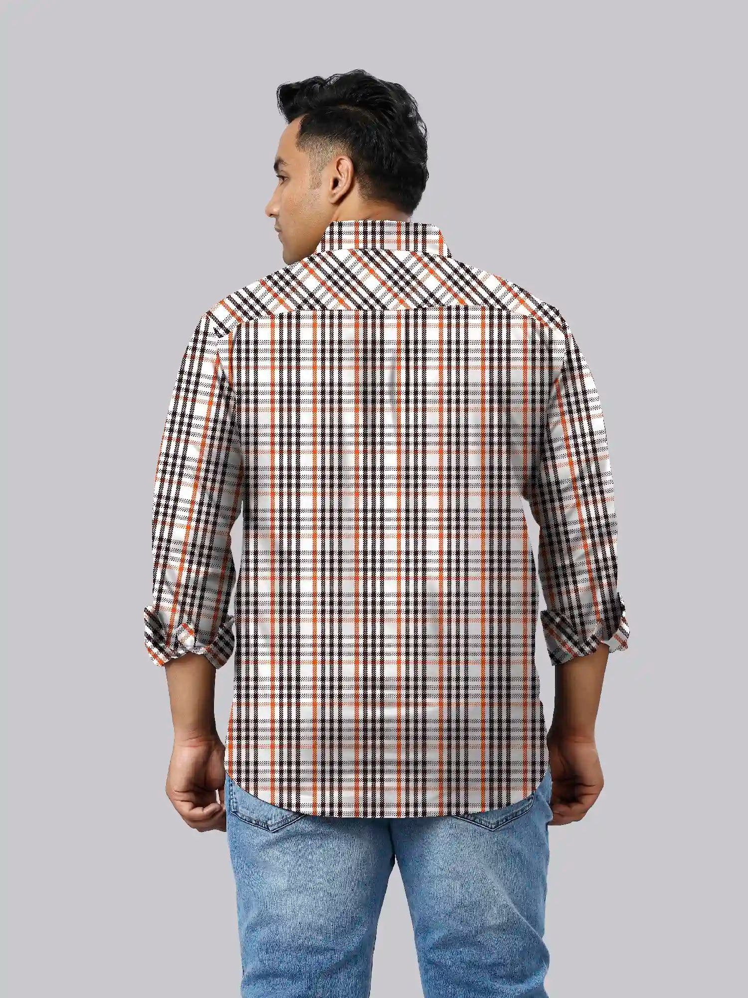 Orange and Black Checks Men's Plus Size Full Shirt