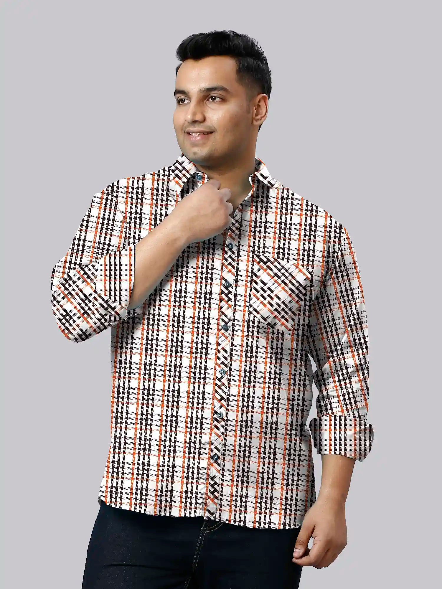Orange and Black Checks Men's Plus Size Full Shirt
