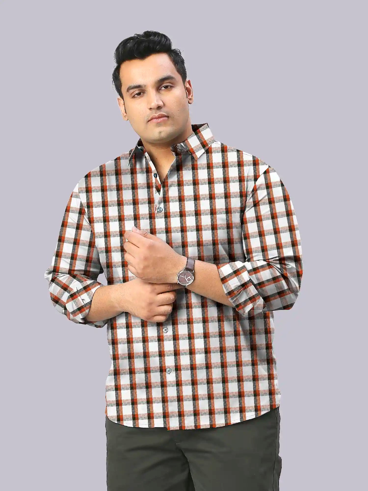 Orange Big Checks Men's Plus Size Full Shirt