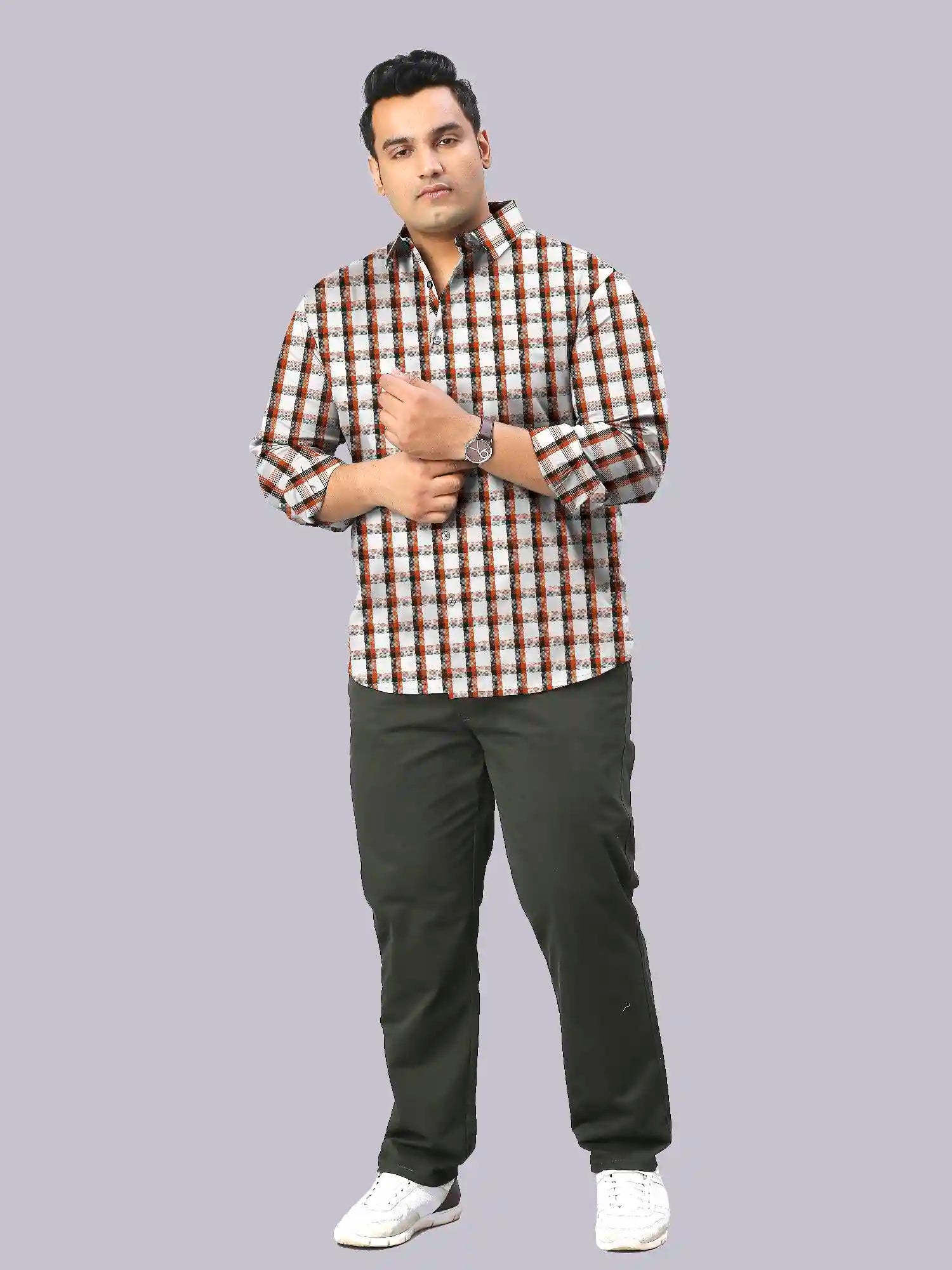 Orange Big Checks Men's Plus Size Full Shirt