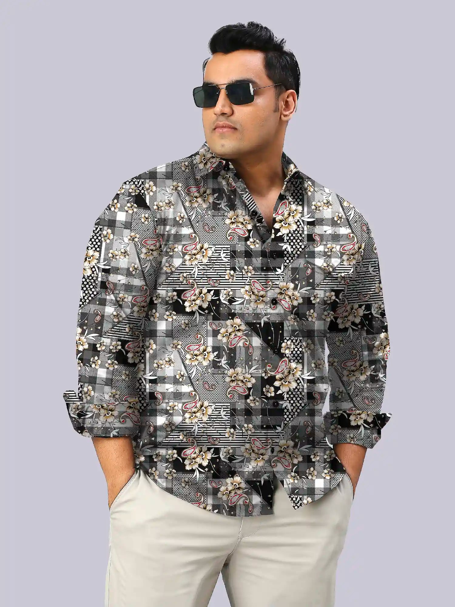 Patchwork Checks Men's Plus Size Full Shirt