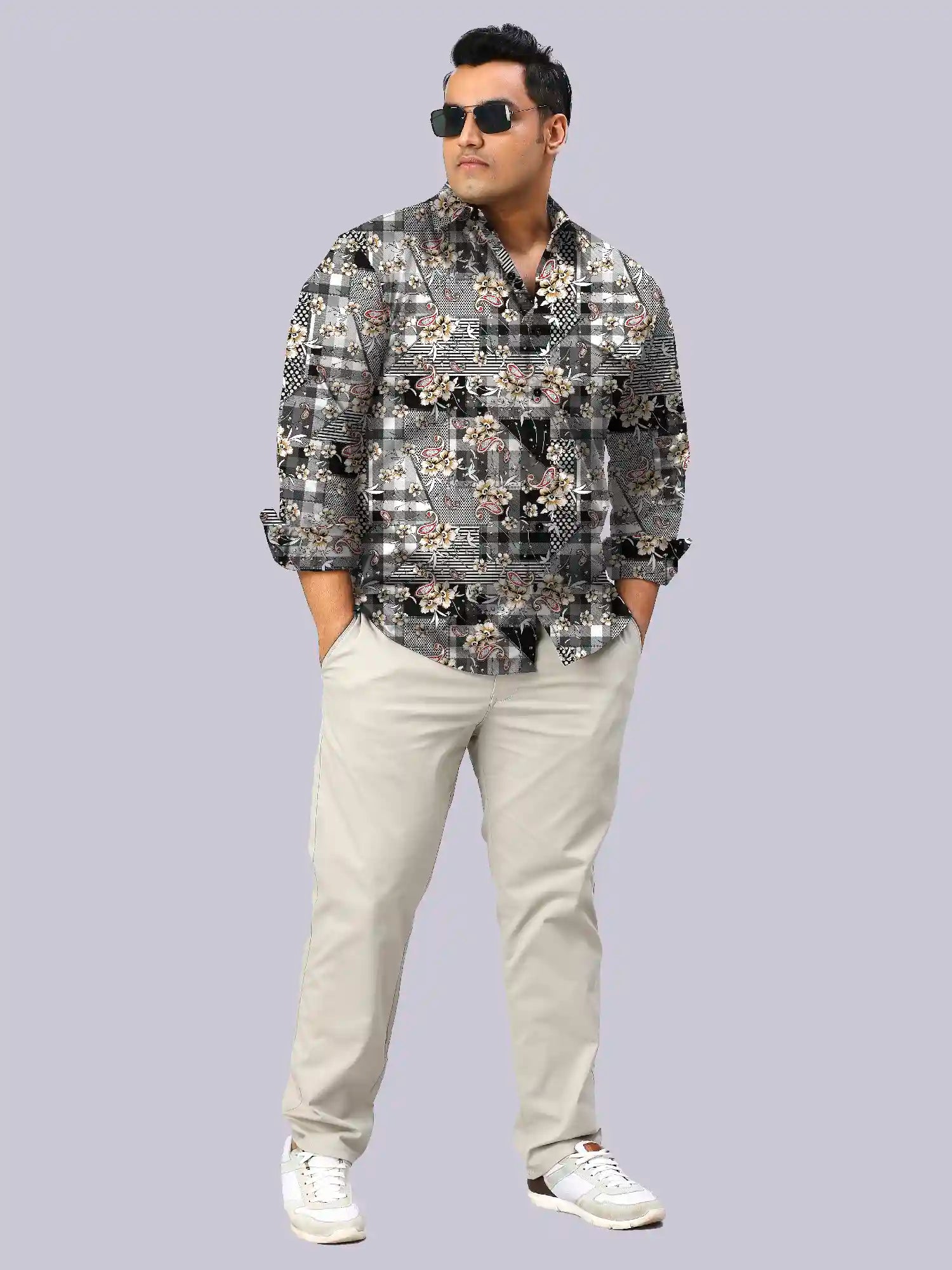 Patchwork Checks Men's Plus Size Full Shirt