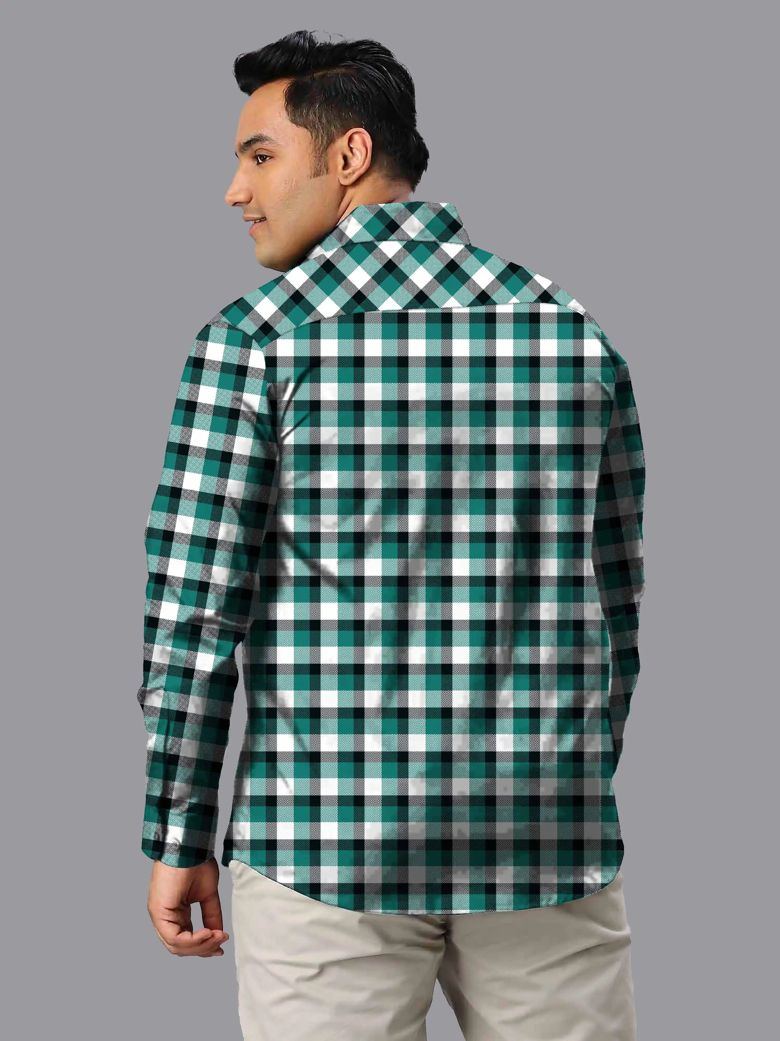 Teal Green Check Men's Plus Size Full Sleeve Shirt