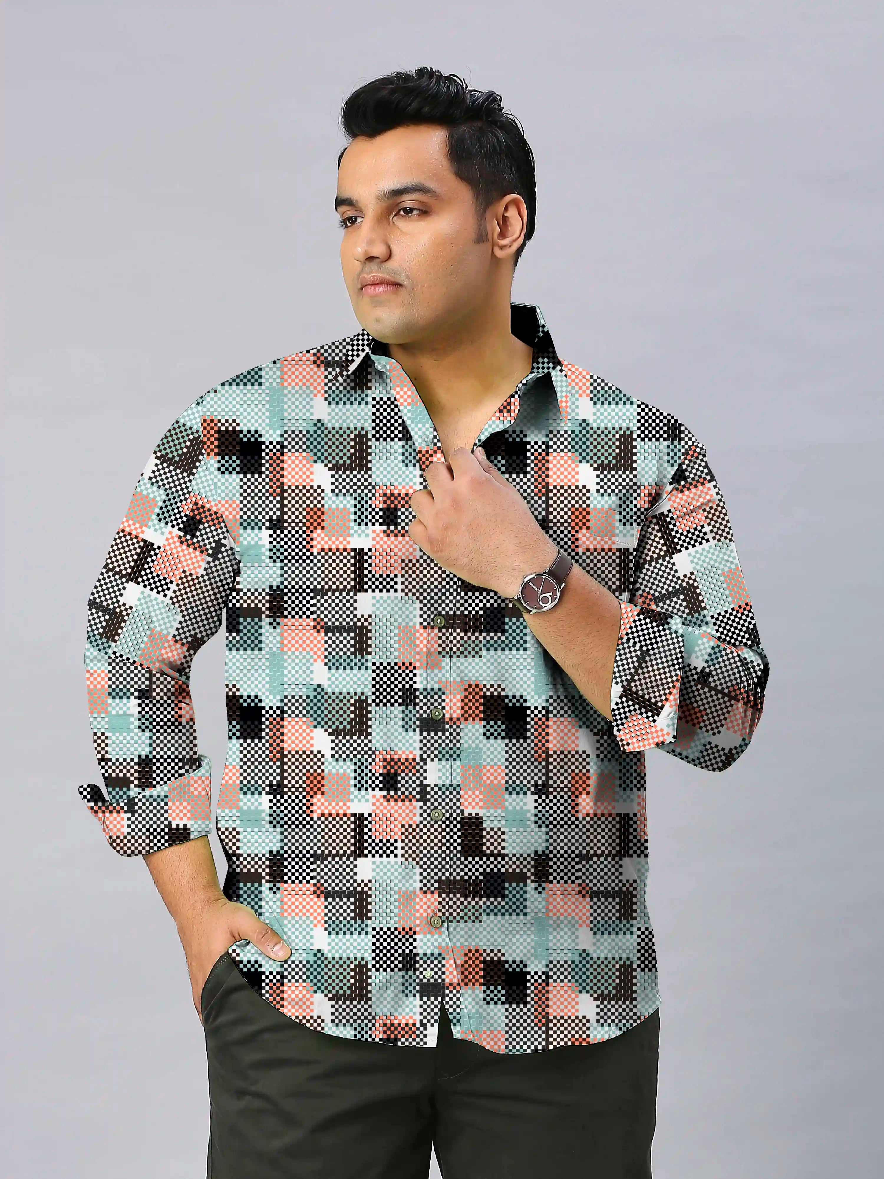 Texture Beige Checks Men's Plus Size Full Sleeve Shirt