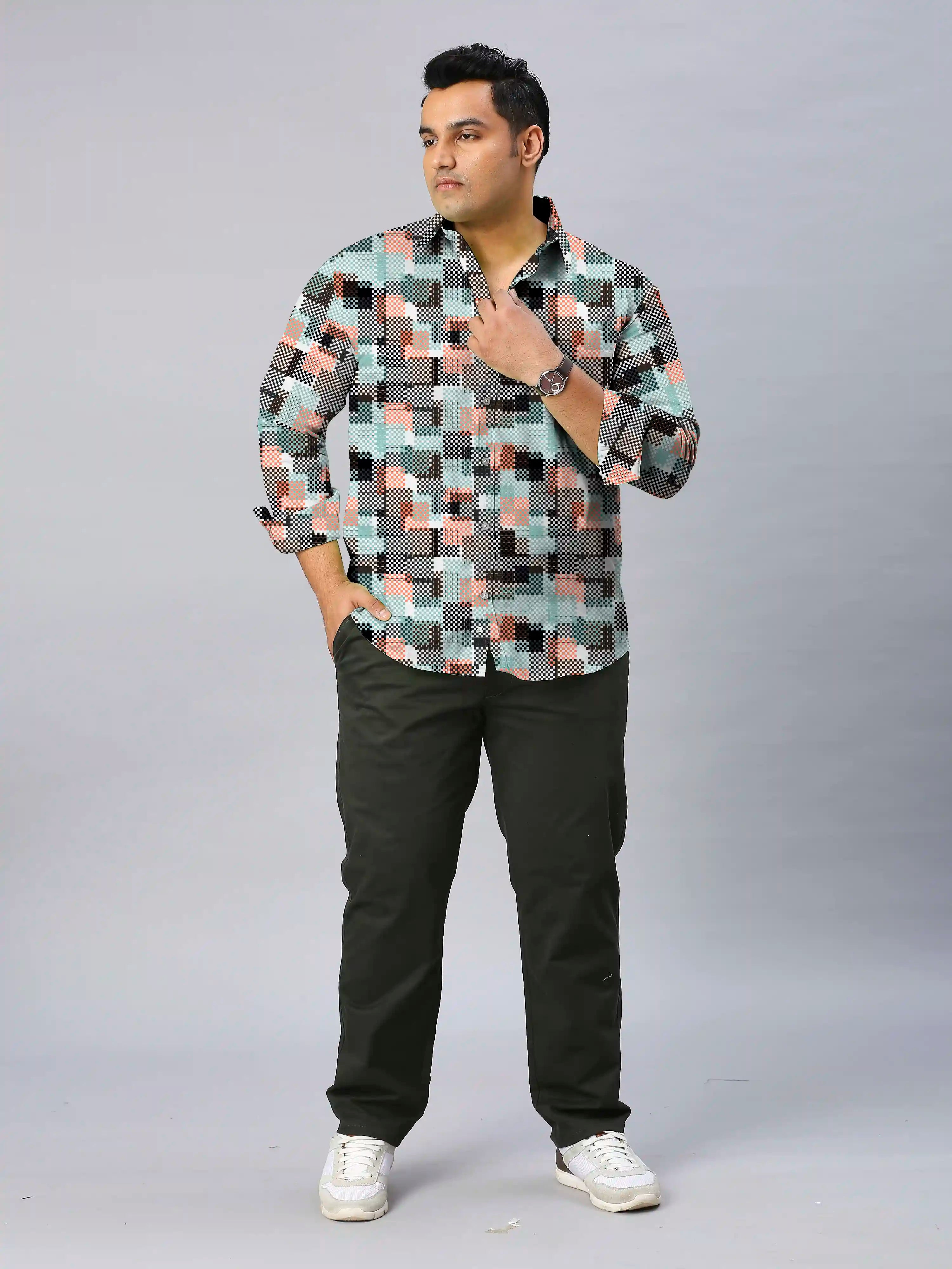 Texture Beige Checks Men's Plus Size Full Sleeve Shirt