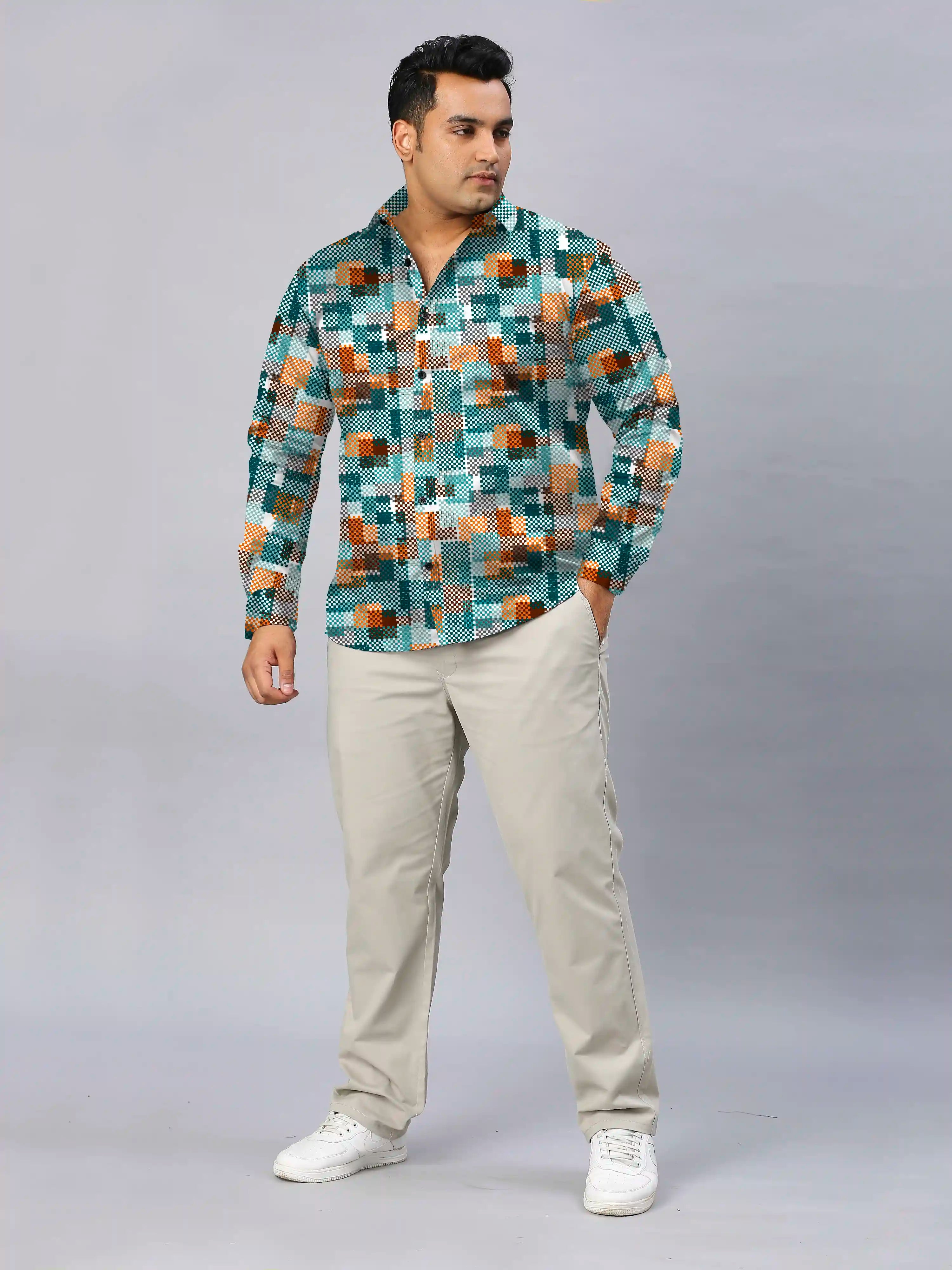 Texture Yellow Checks Men's Plus Size Full Sleeve Shirt