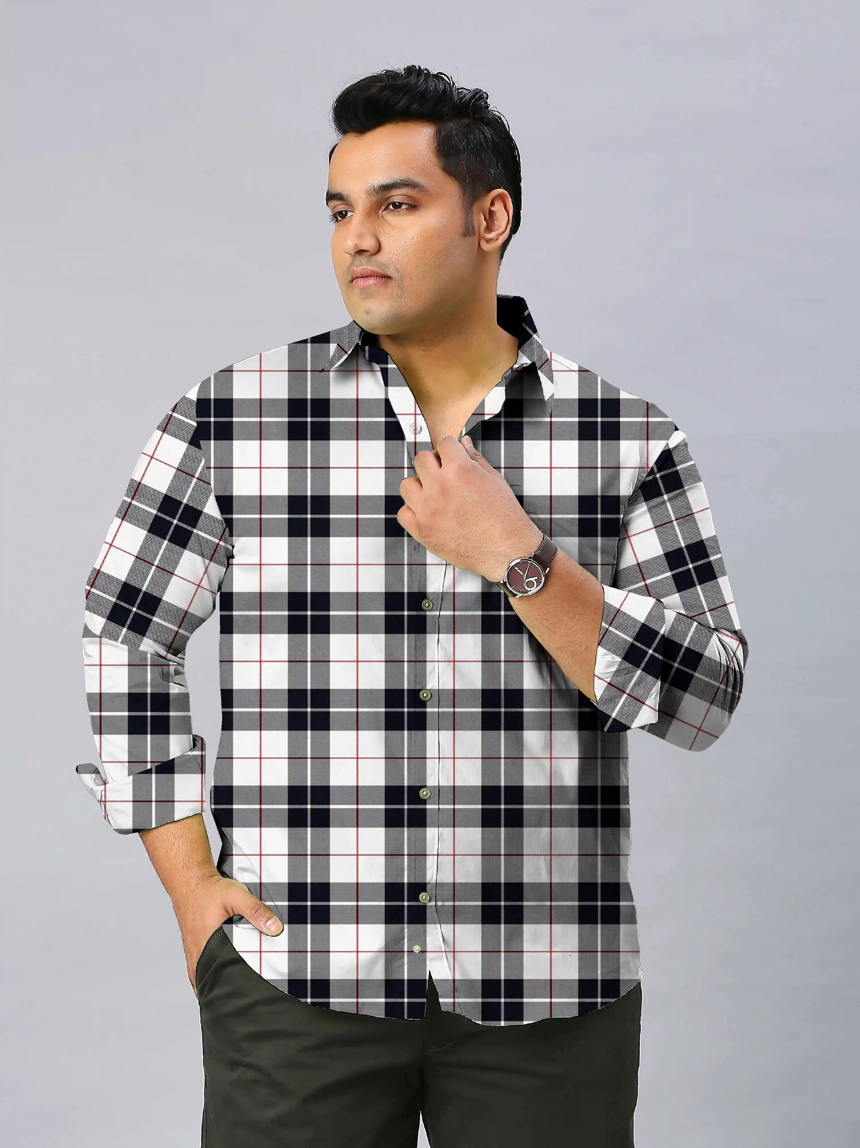 Black Grey Checks Men's Plus Size Full Sleeve Shirt