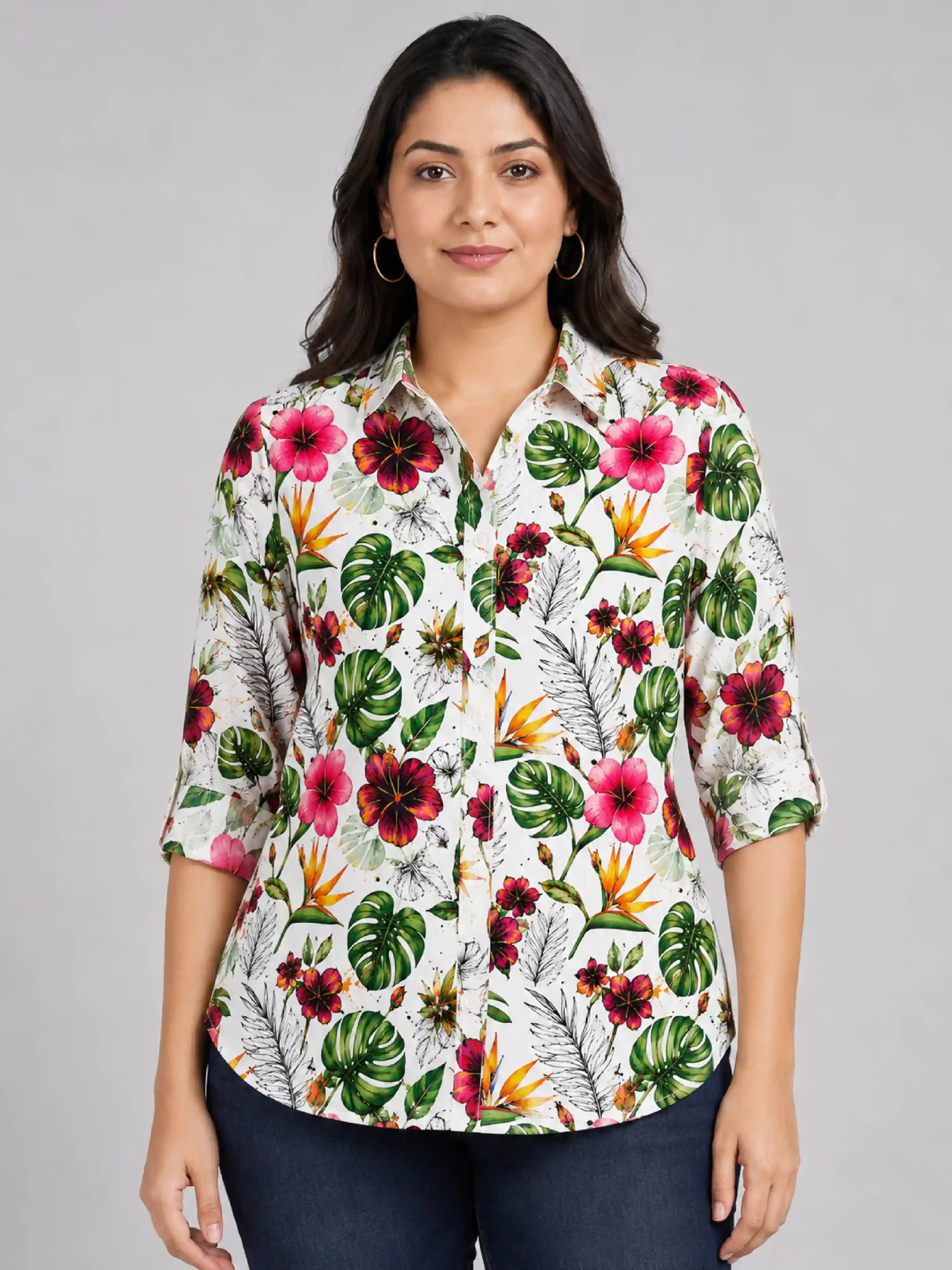 Tropical Hibiscus Floral Print Women’s Plus Size Shirt