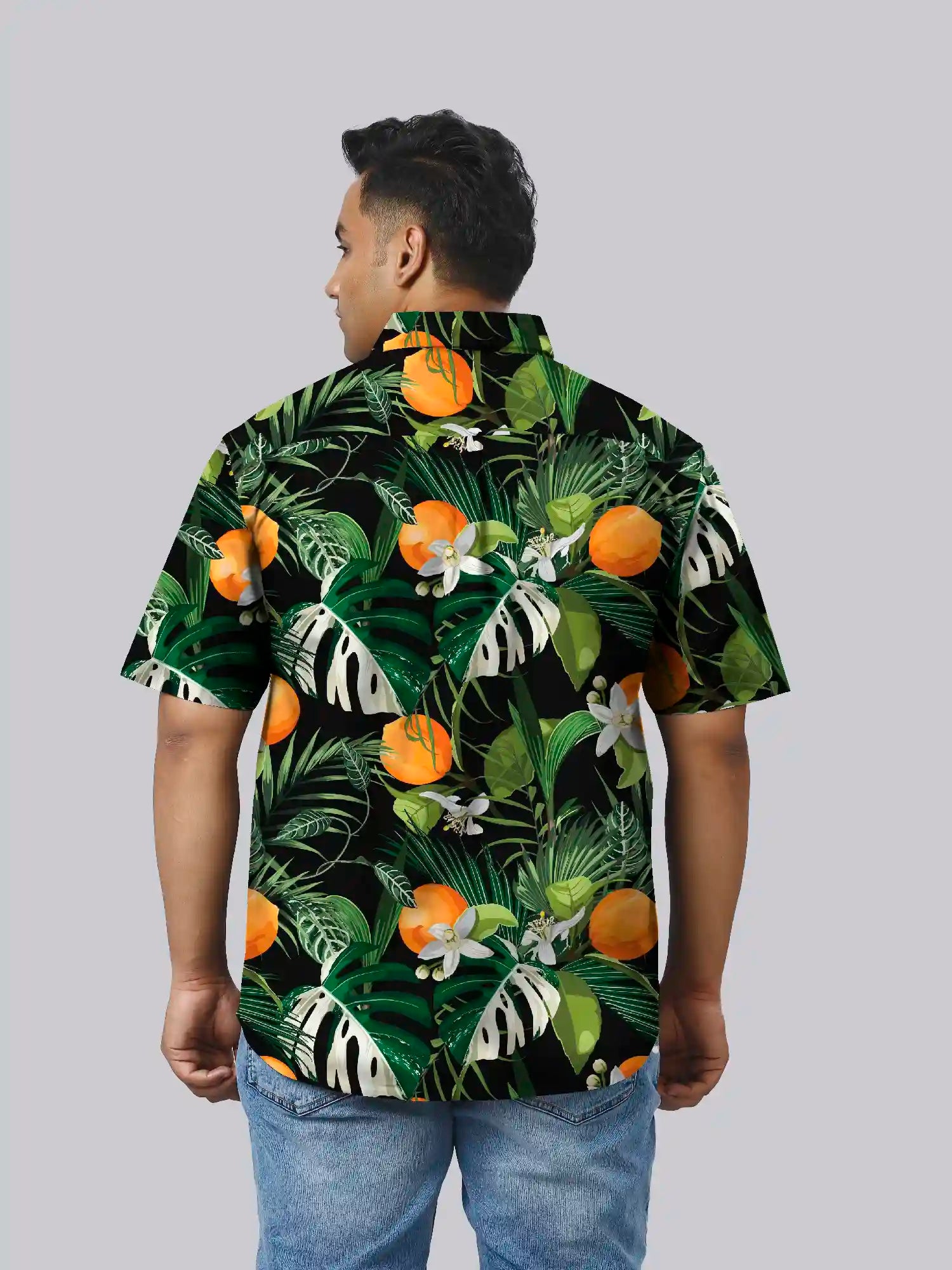 Orange Fruit  Branch Green Printed Men's Plus Size Half Sleeve Shirt