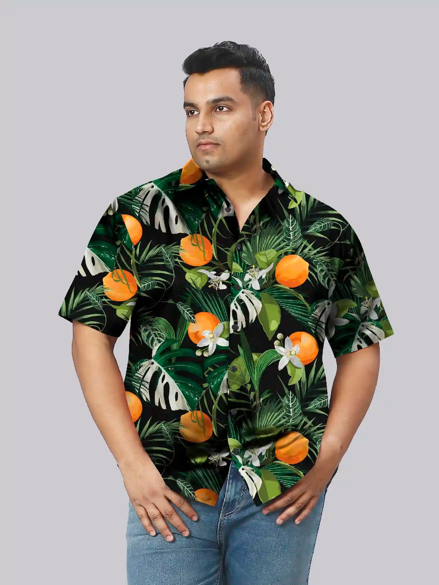 Orange Fruit  Branch Green Printed Men's Plus Size Half Sleeve Shirt
