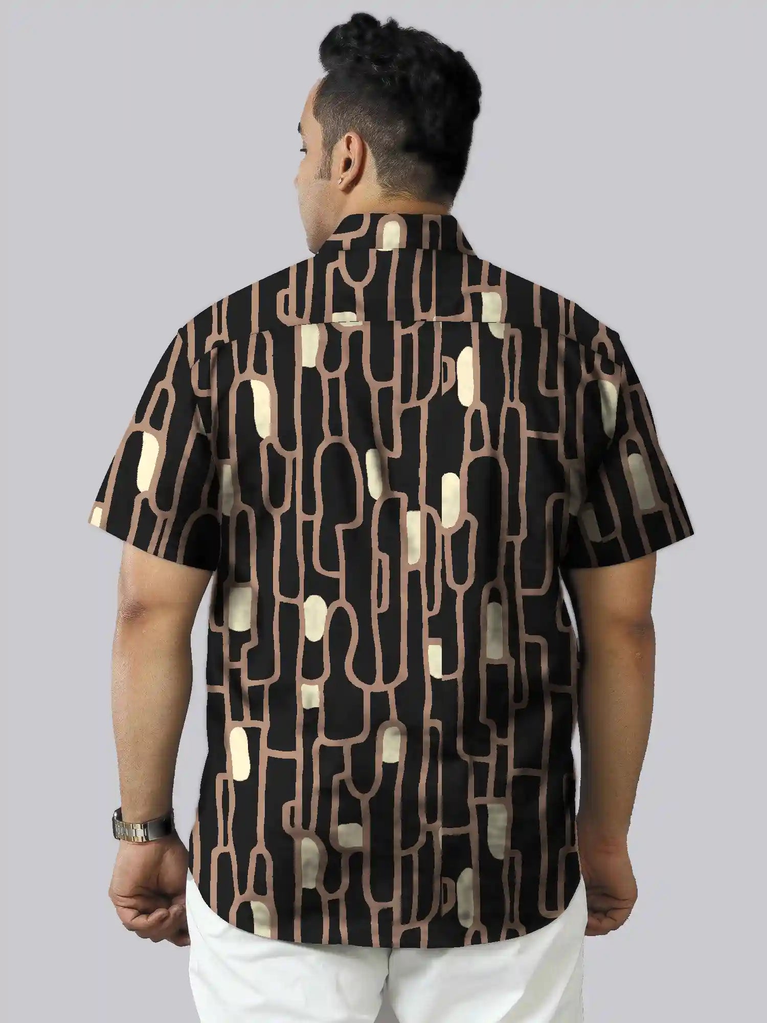 Abstract Black and Peach Printed Men's Plus Size Half Sleeve Shirt