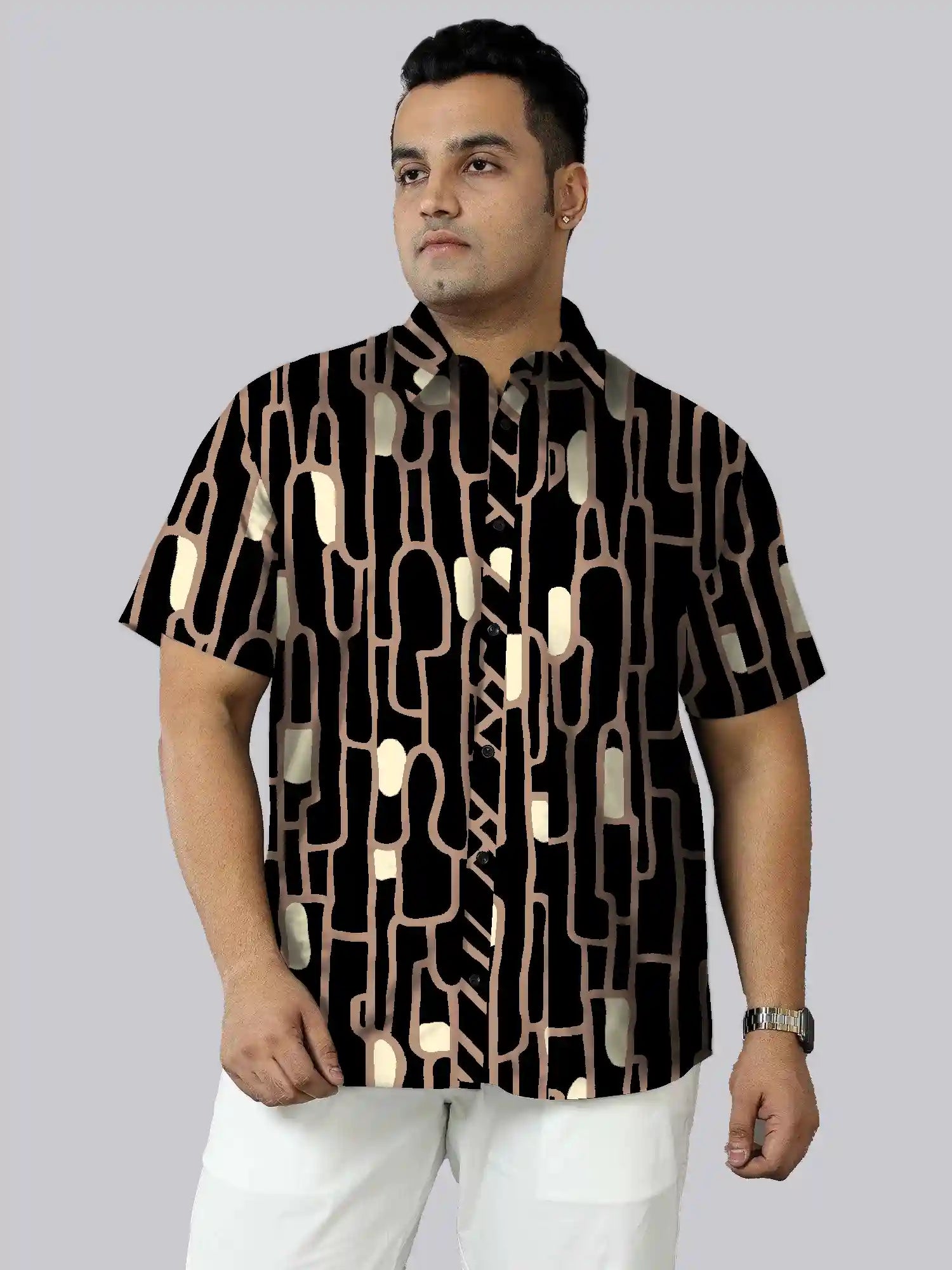 Abstract Black and Peach Printed Men's Plus Size Half Sleeve Shirt