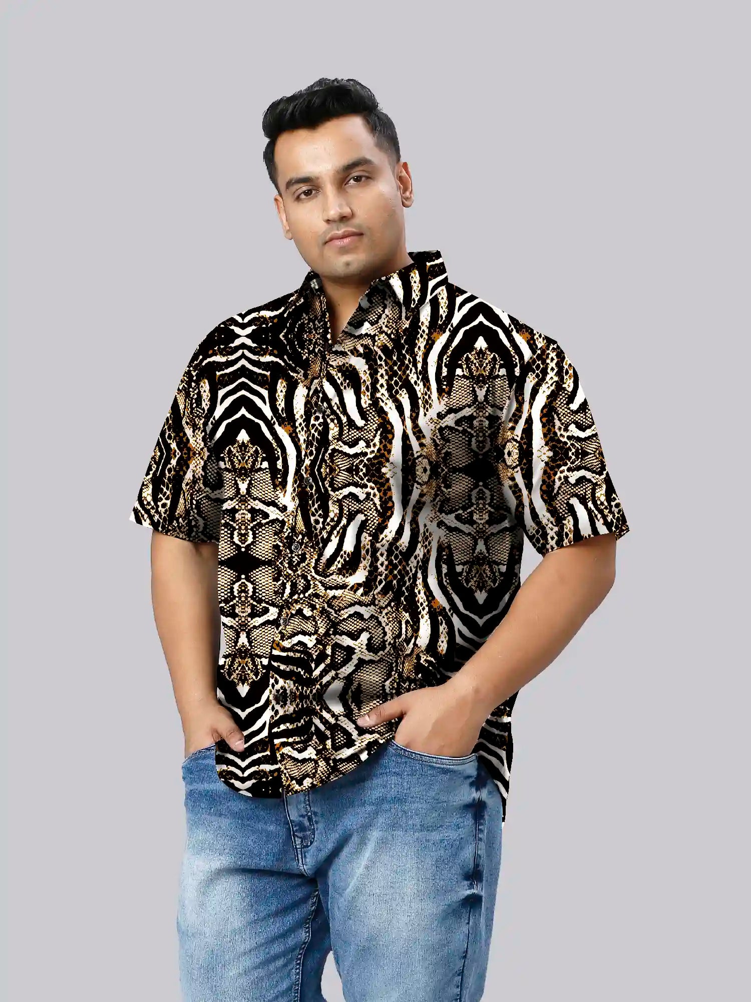 Leopard Skin Digital Printed Men's Plus Size Half Sleeve Shirt