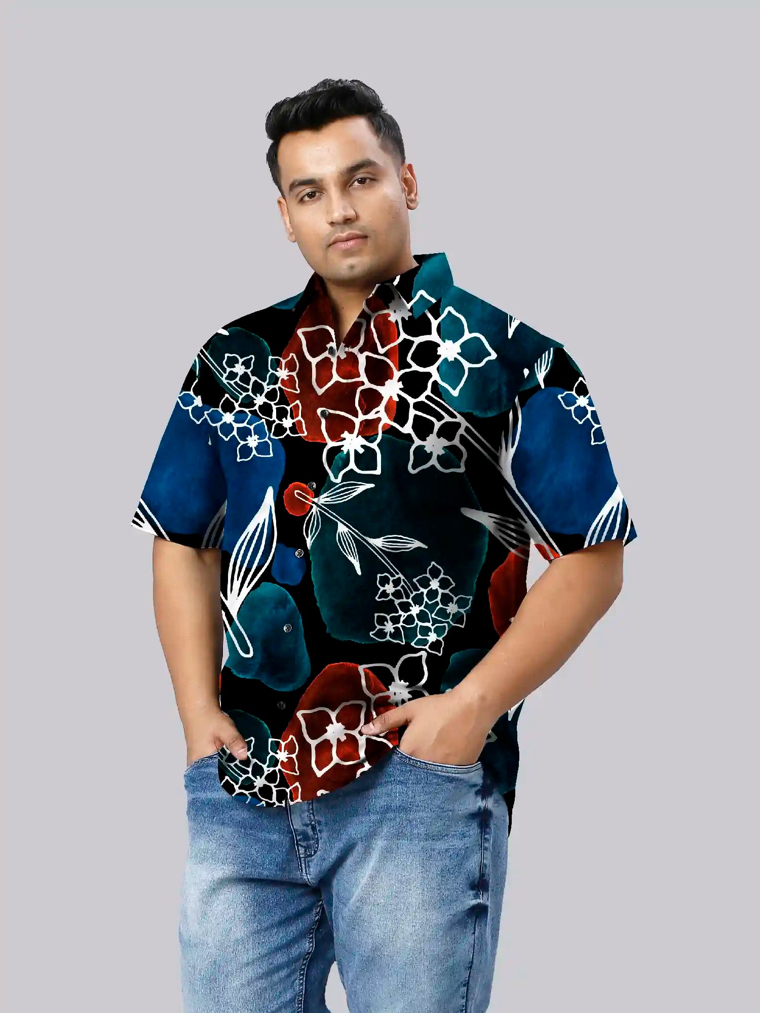Line Art Flowers Printed Men's Plus Size Half Sleeve Shirt
