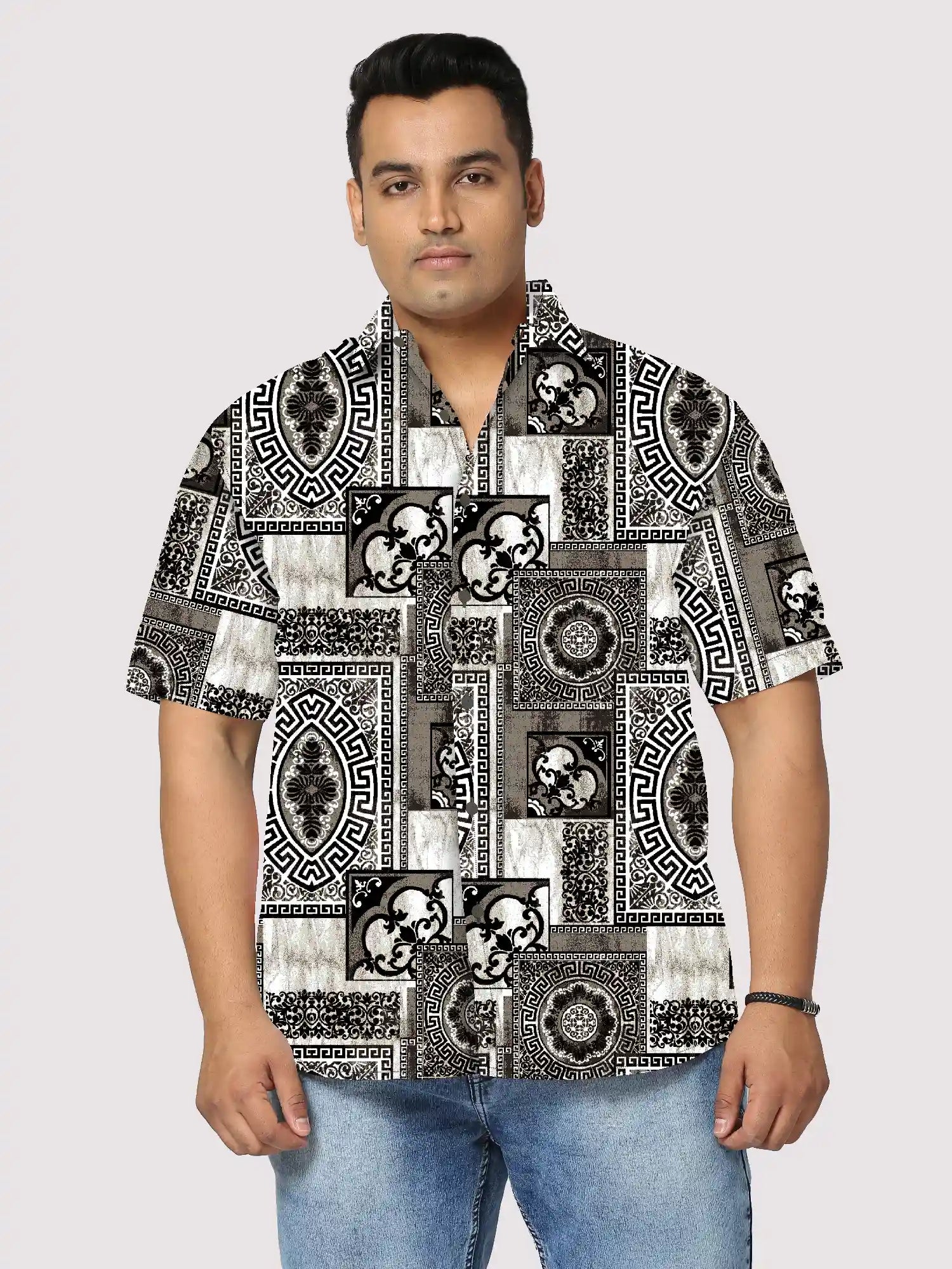 Black White Illustration Printed Men's Plus Size Half Sleeve Shirt