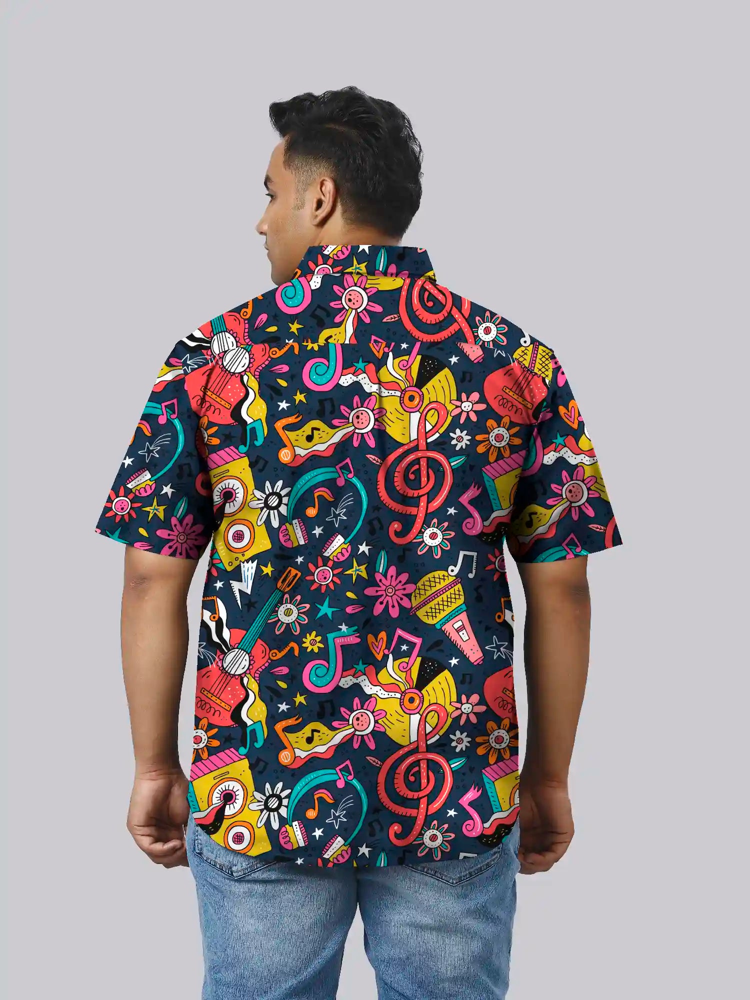 Music Cartoon Printed Men's Plus Size Half Sleeve Shirt