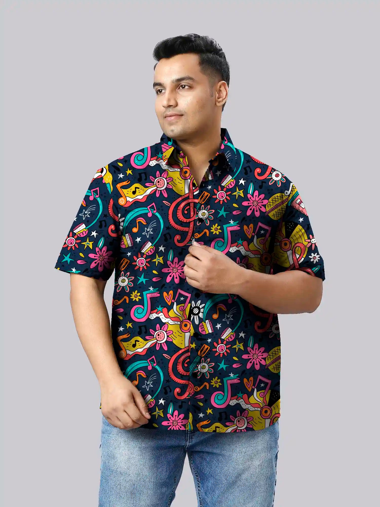 Music Cartoon Printed Men's Plus Size Half Sleeve Shirt