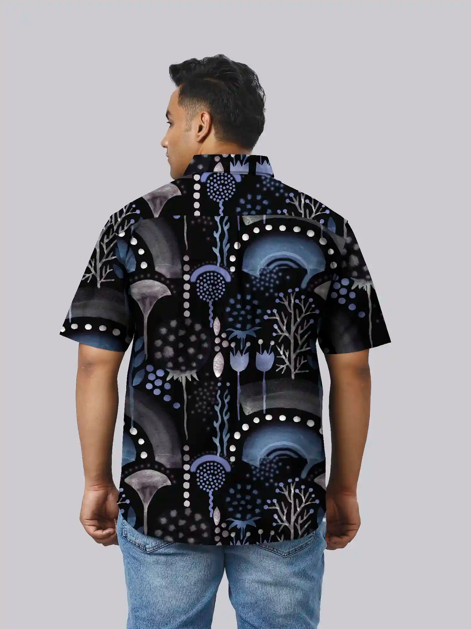 Sweat Brushed Black Printed Men's Plus Size Half Sleeve Shirt