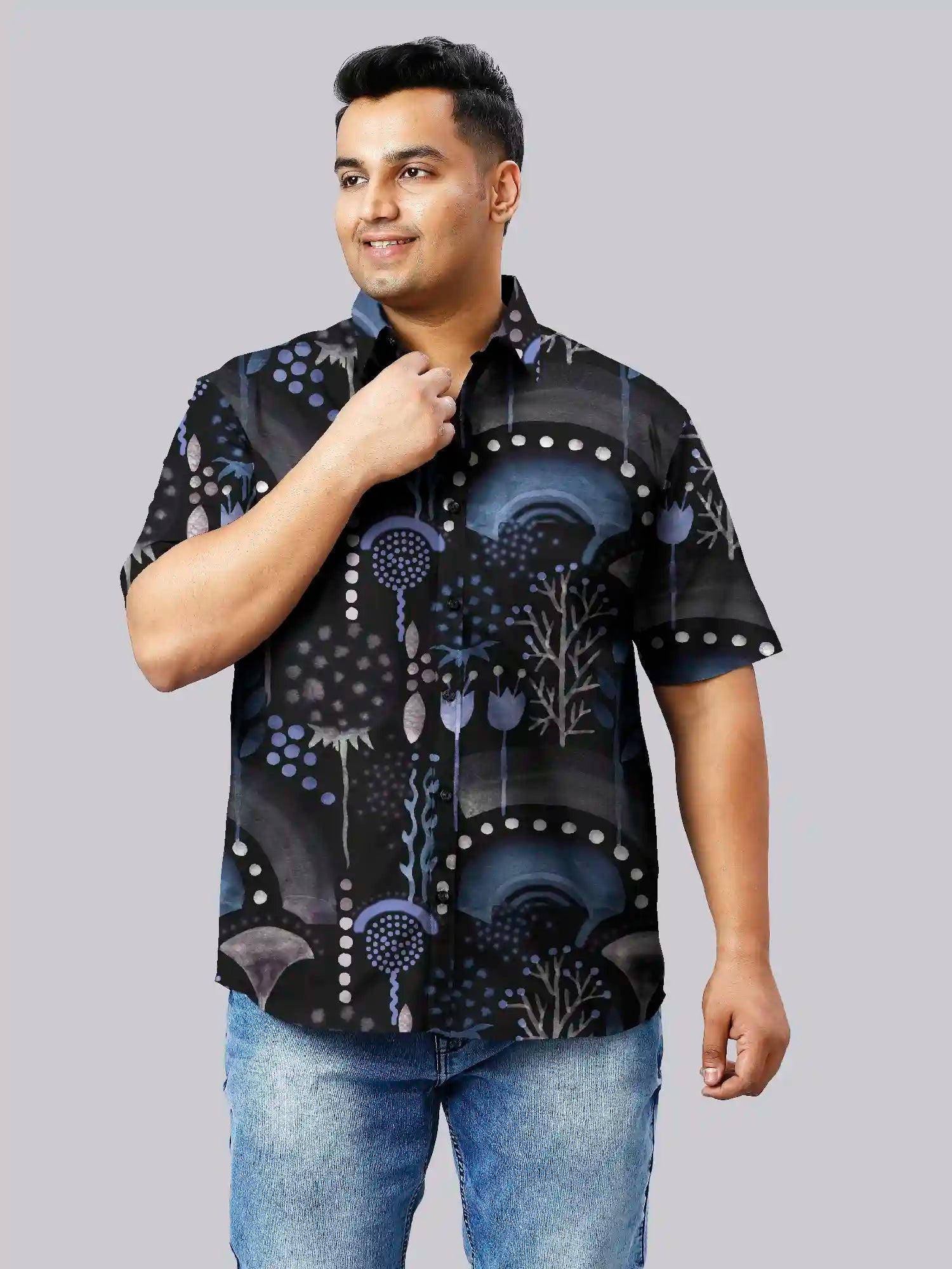 Sweat Brushed Black Printed Men's Plus Size Half Sleeve Shirt