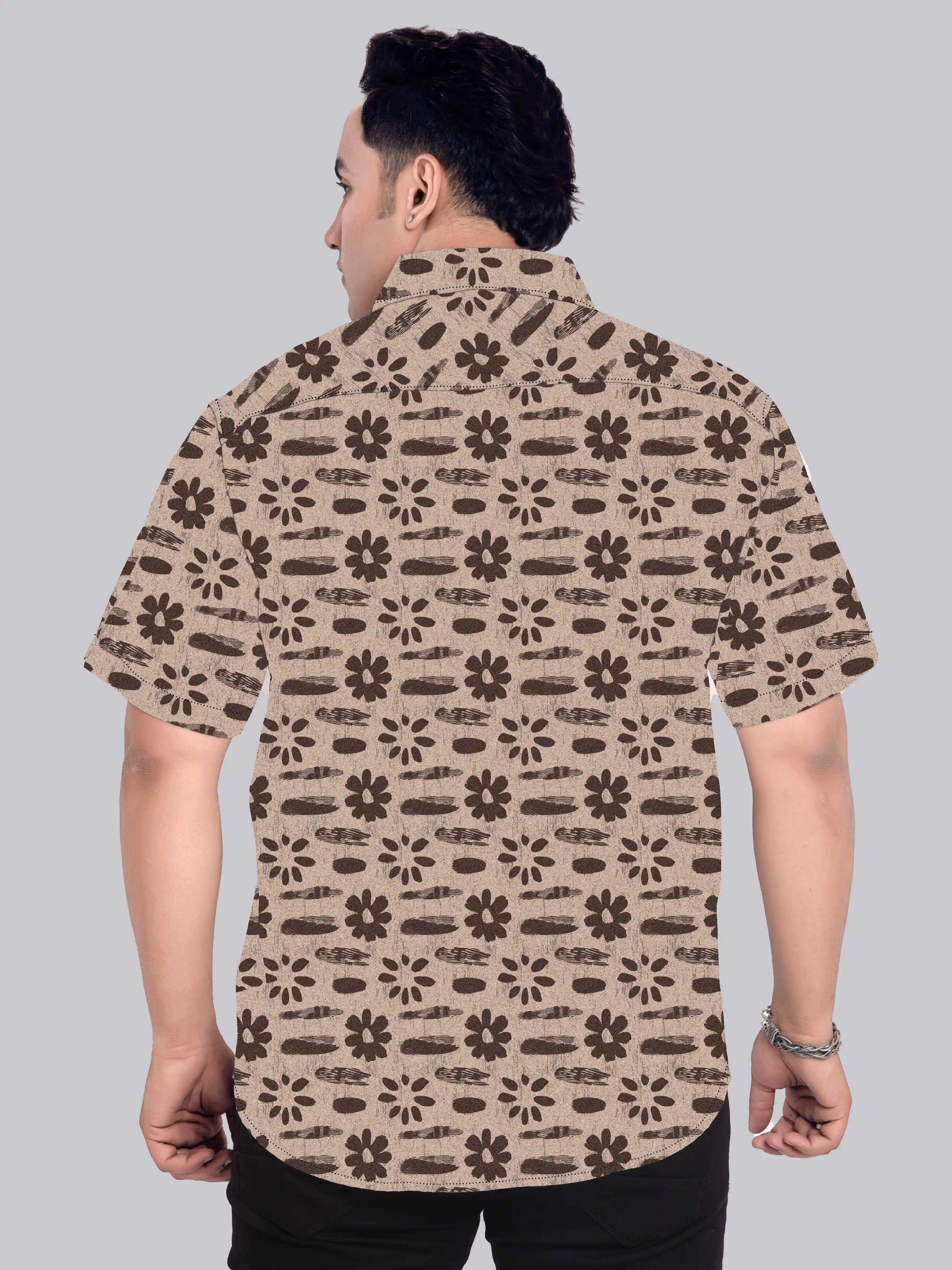Brown Linen Flower Digital Printed  Men Plus Size Half Sleeve Shirt