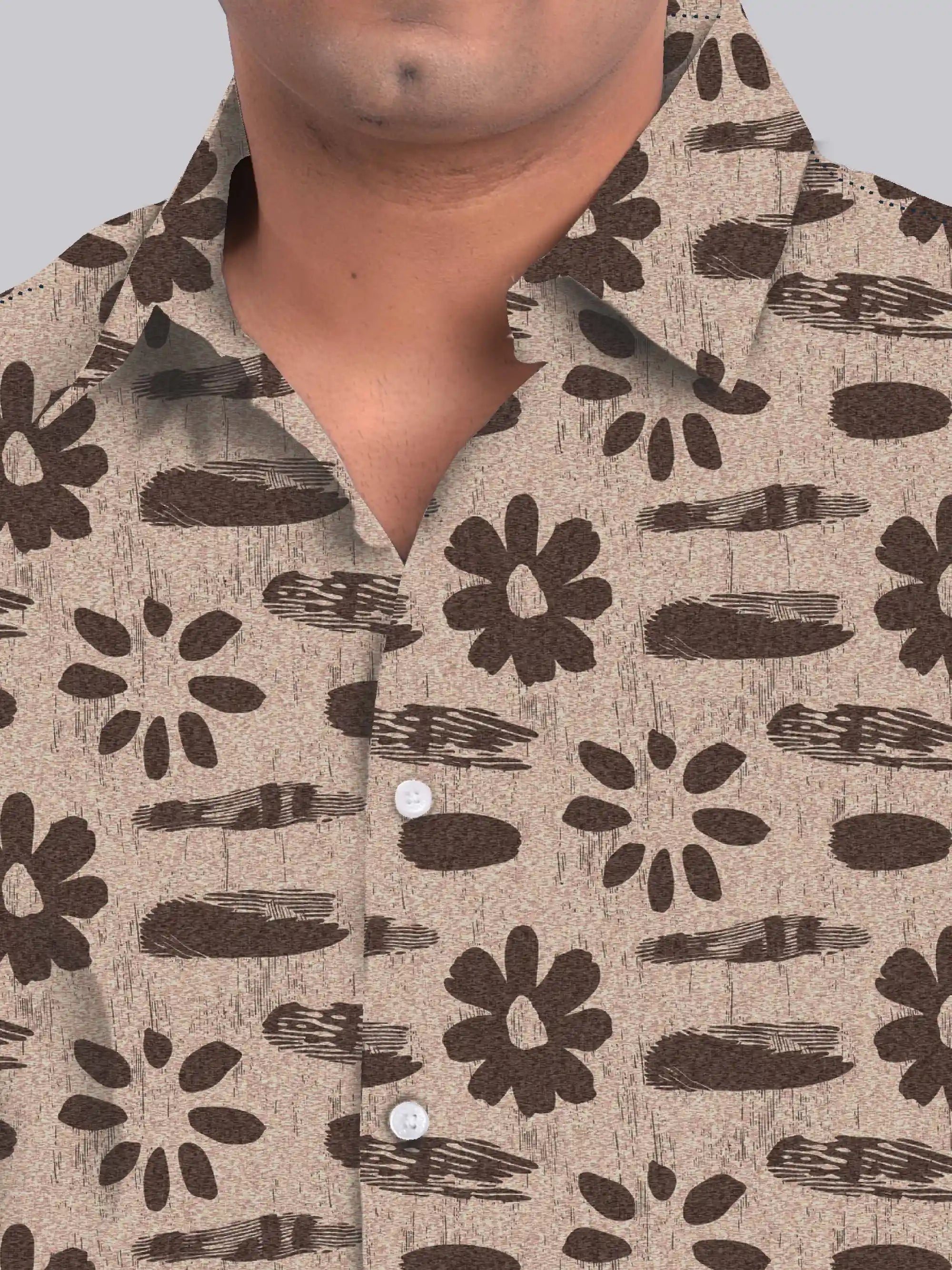 Brown Linen Flower Digital Printed  Men Plus Size Half Sleeve Shirt