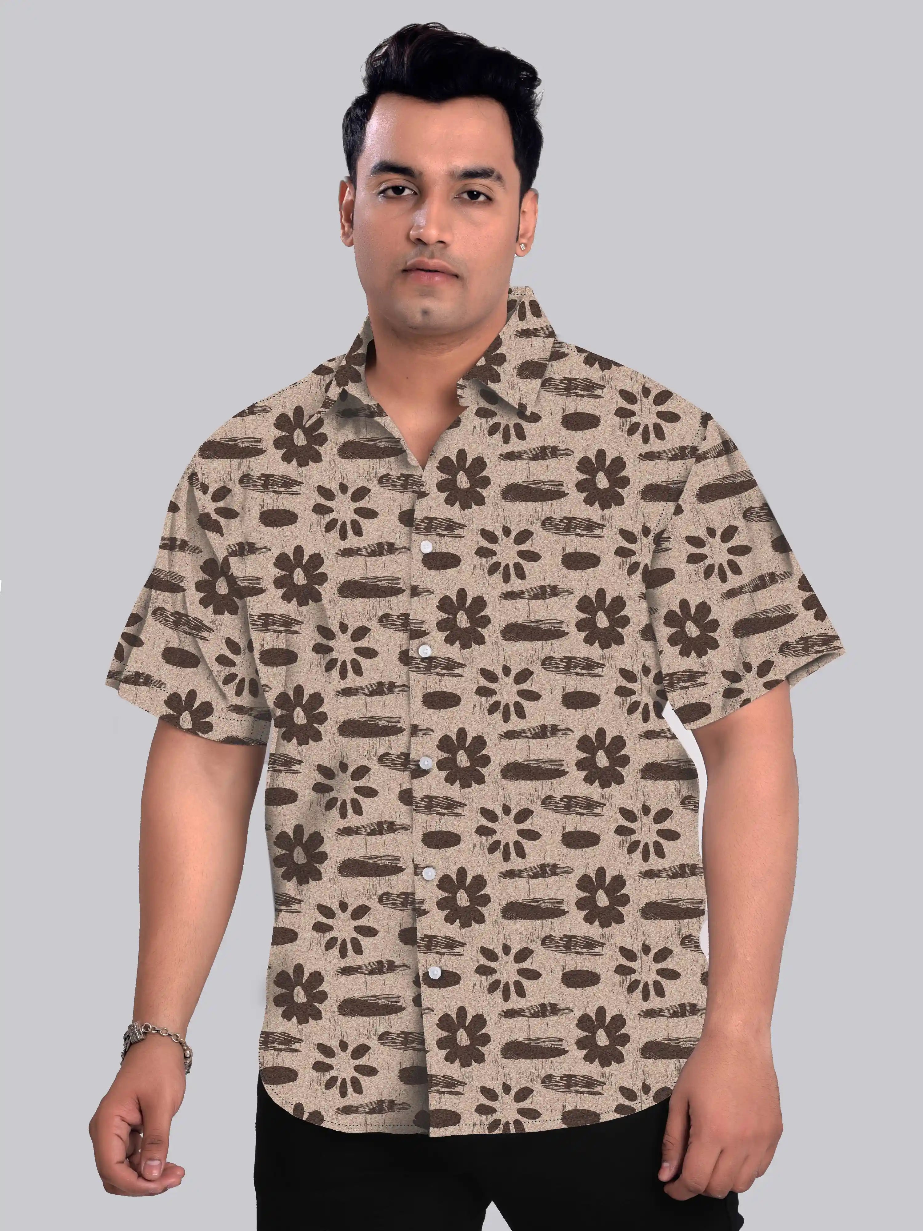 Brown Linen Flower Digital Printed  Men Plus Size Half Sleeve Shirt