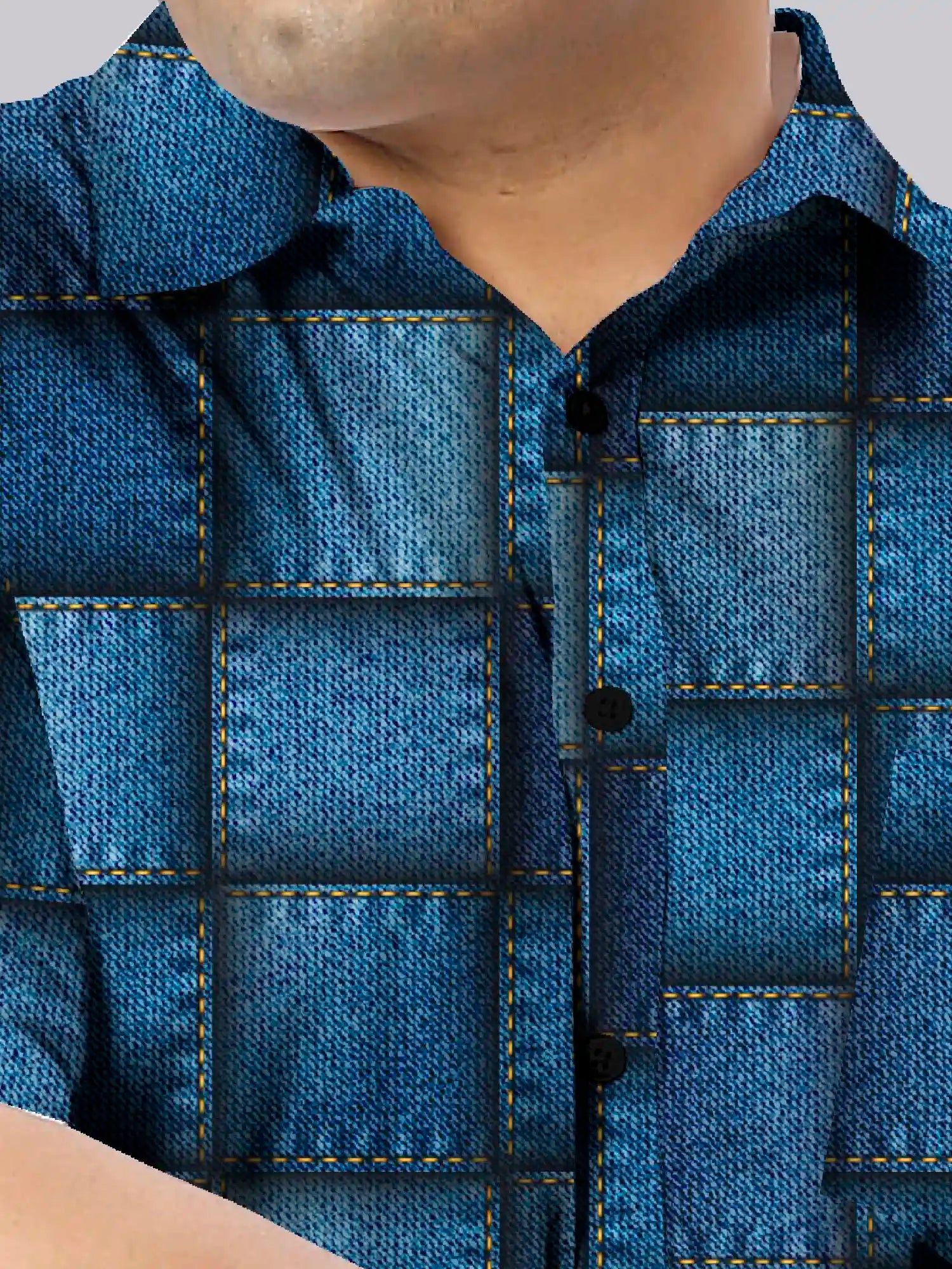 Digital Printed Denim Patchwork Men's Plus Size Half Sleeve Shirt