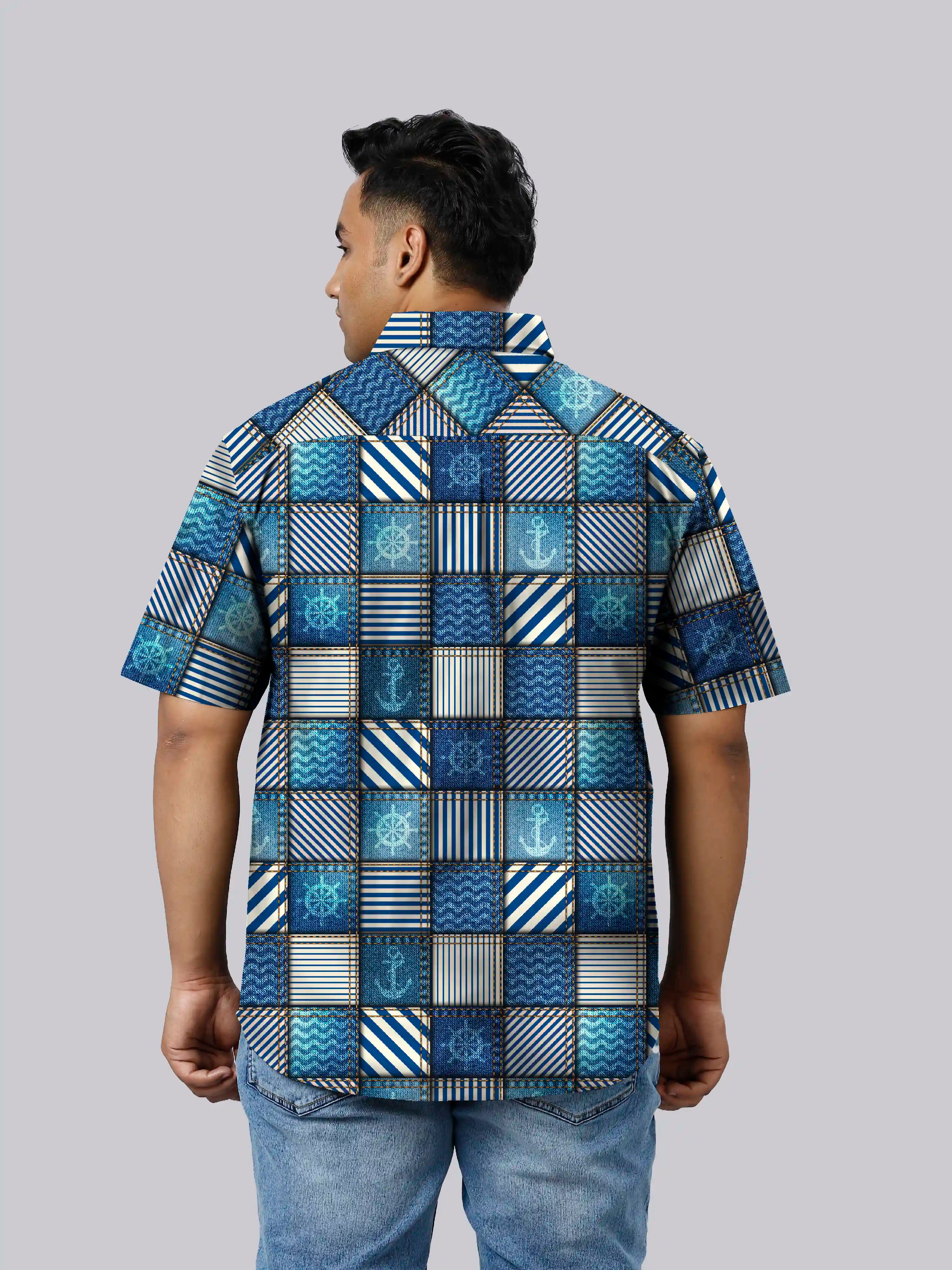 Nautical Denim Style Digital Printed  Men Plus Size Half Sleeve Shirt