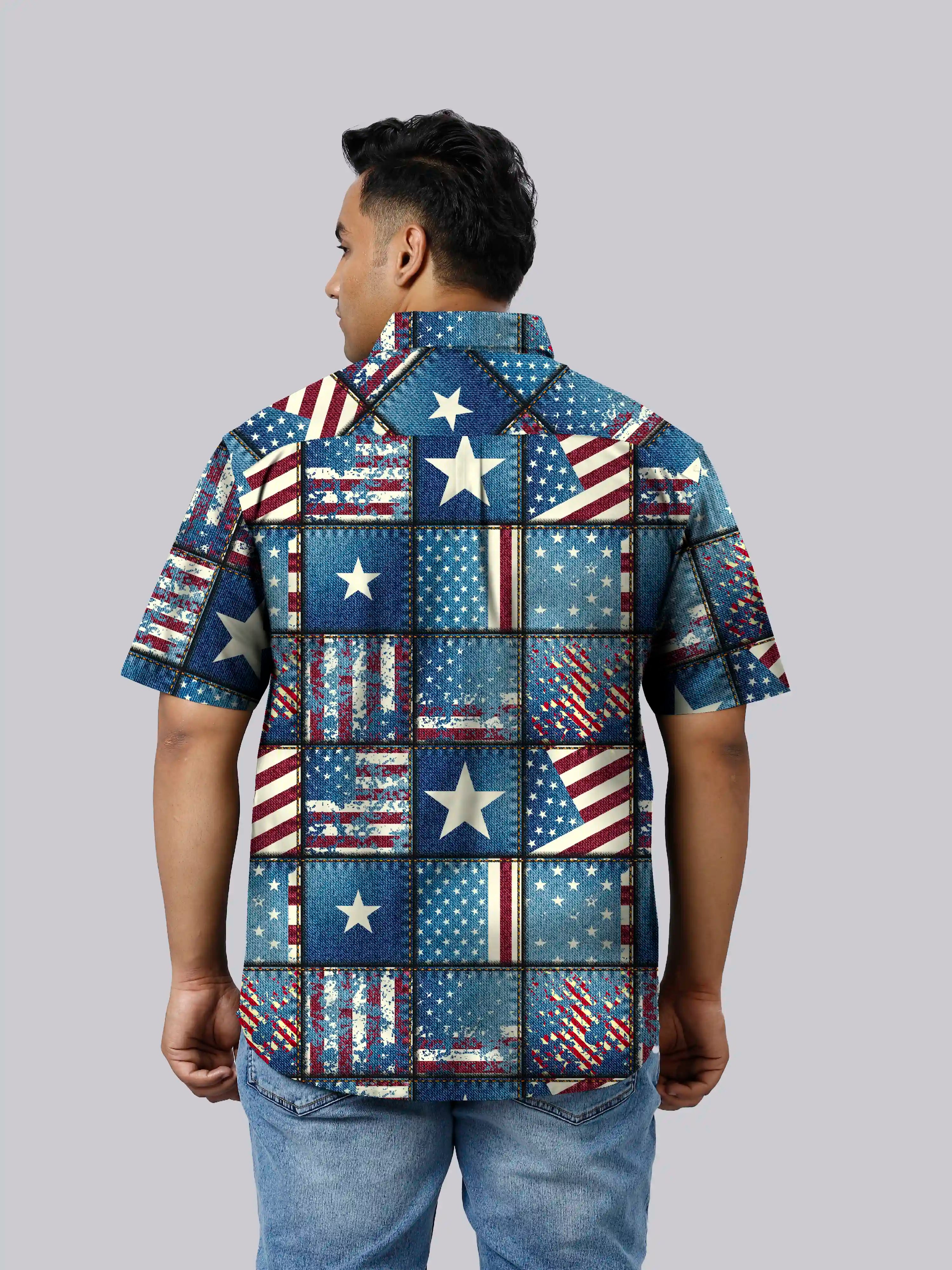 American Themes Denim Digital Printed  Men Plus Size Half Sleeve Shirt
