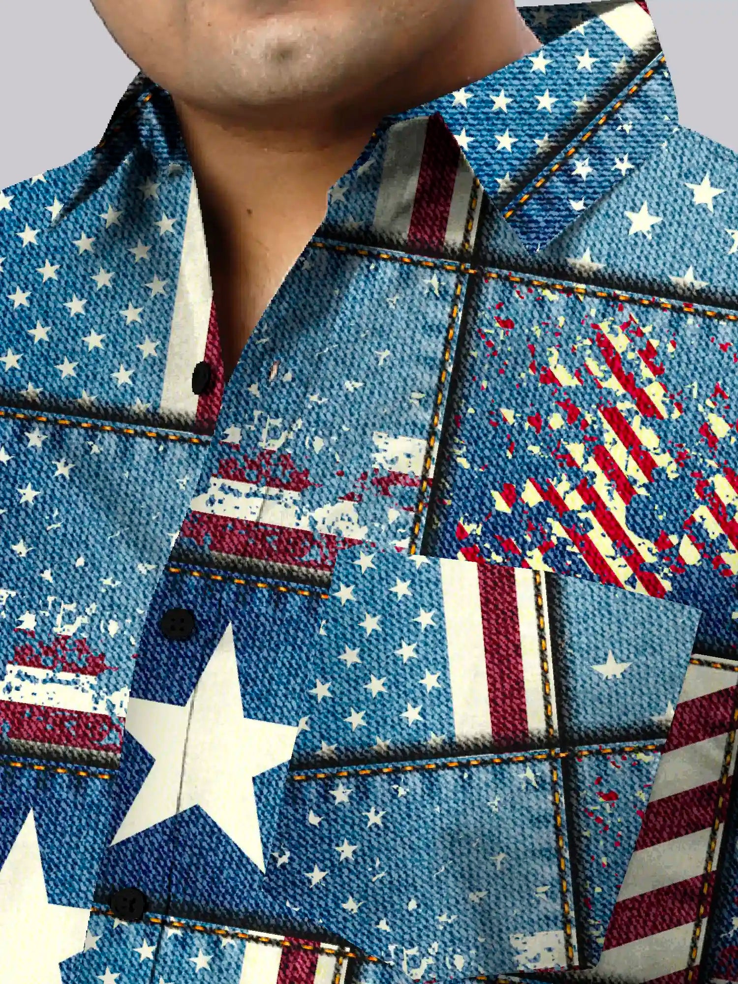 American Themes Denim Digital Printed  Men Plus Size Half Sleeve Shirt