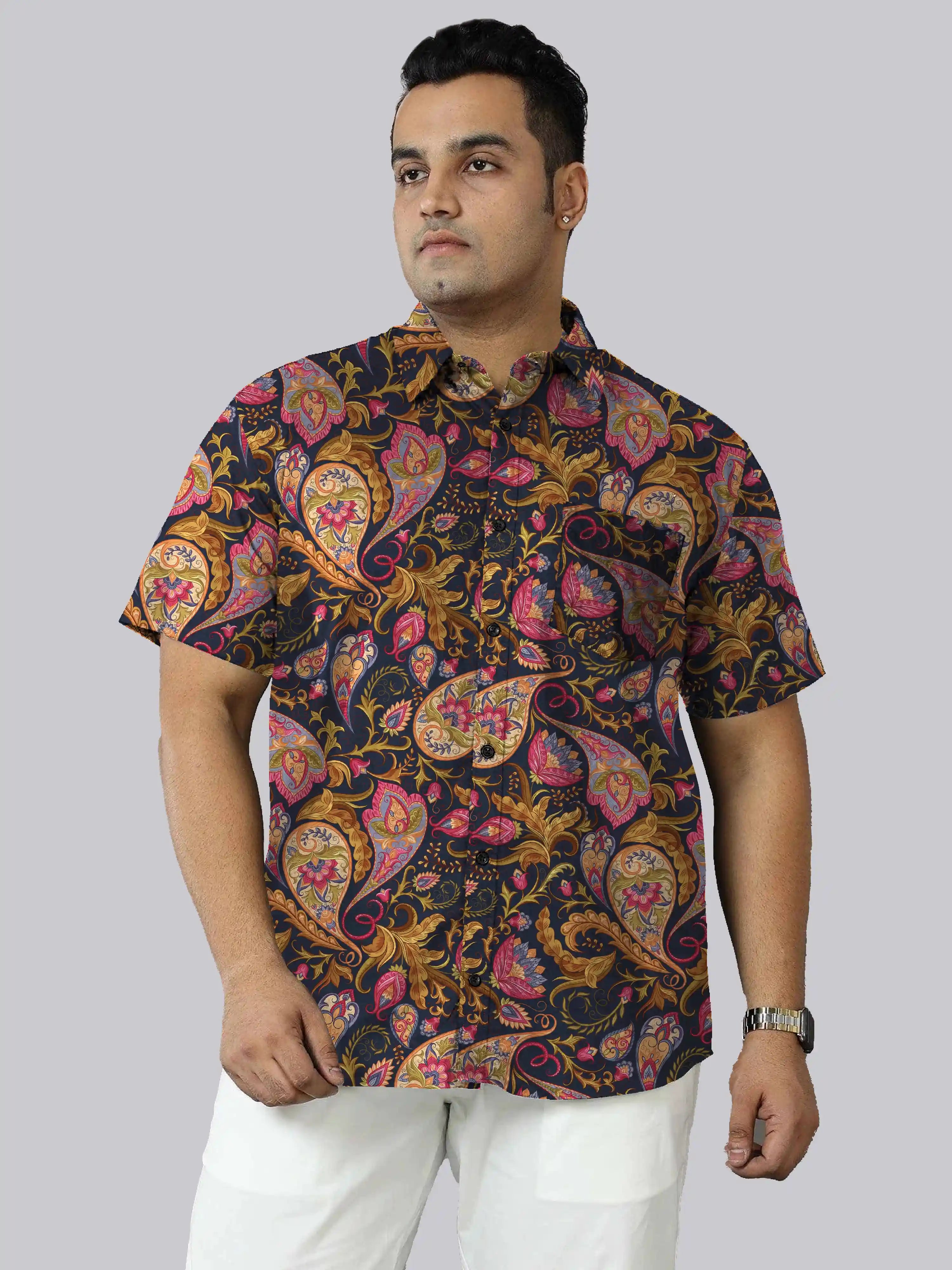 Vibrant Paisley Digital Printed  Men Plus Size Half Sleeve Shirt
