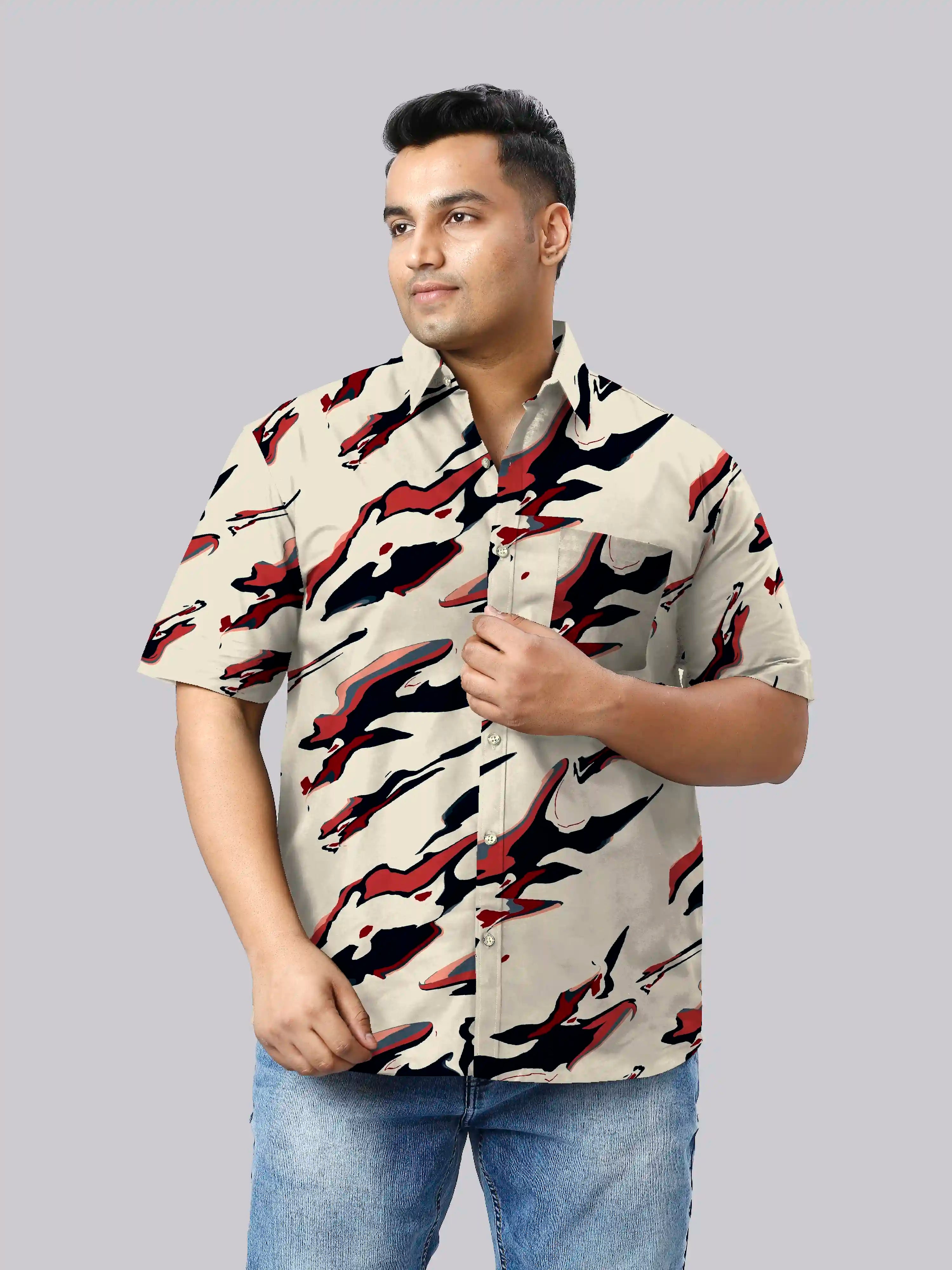 Flowing Liquid Digital Printed  Men Plus Size Half Sleeve Shirt