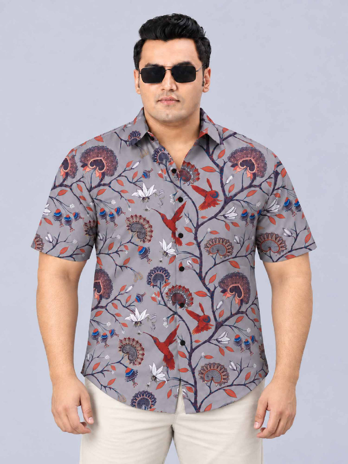 Hummingbird Floral Digital Printed Men's Plus Size Half Sleeve Shirt