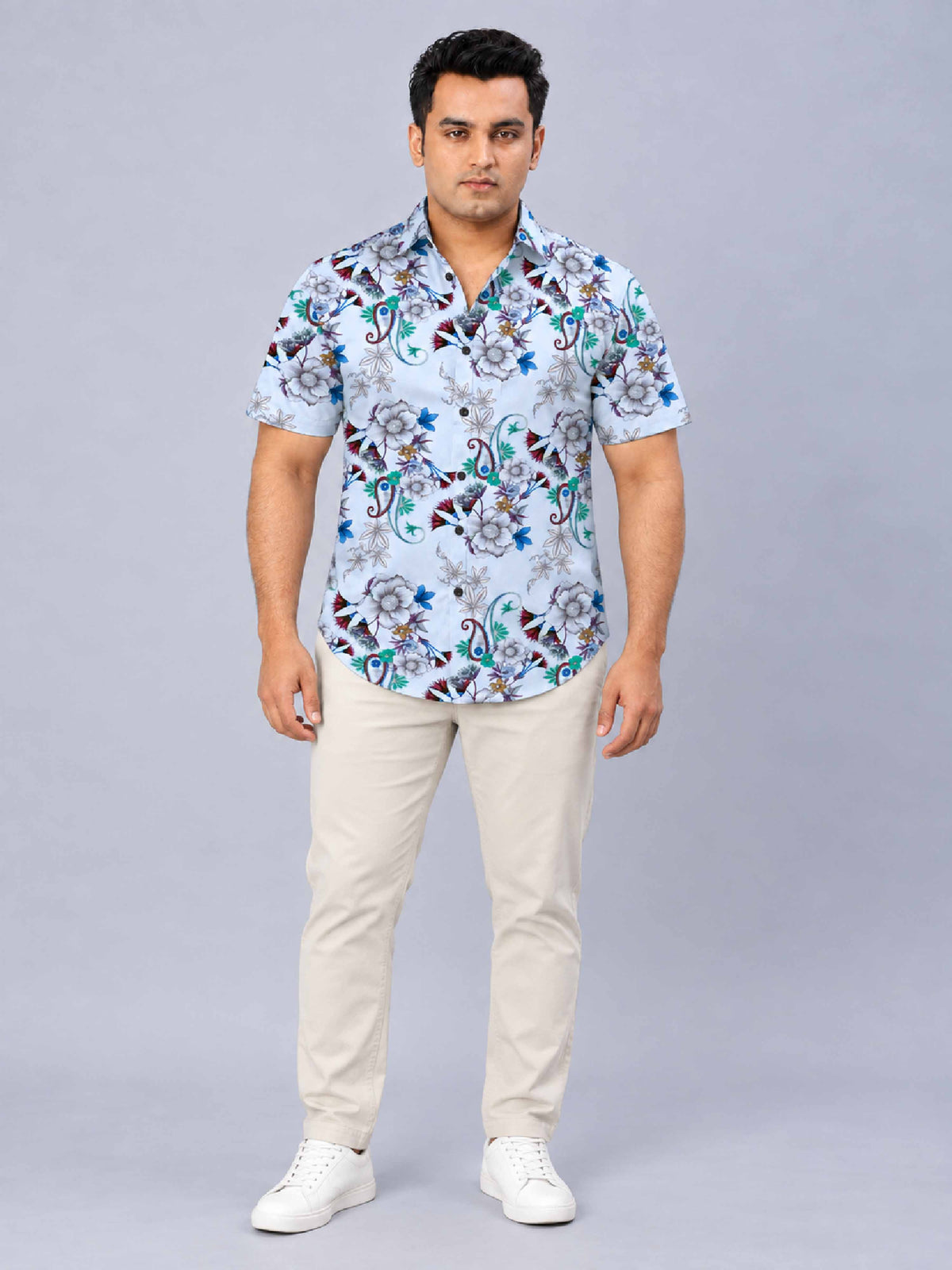 Stylized Flowers Digital Printed Men's Plus Size Half Sleeve Shirt