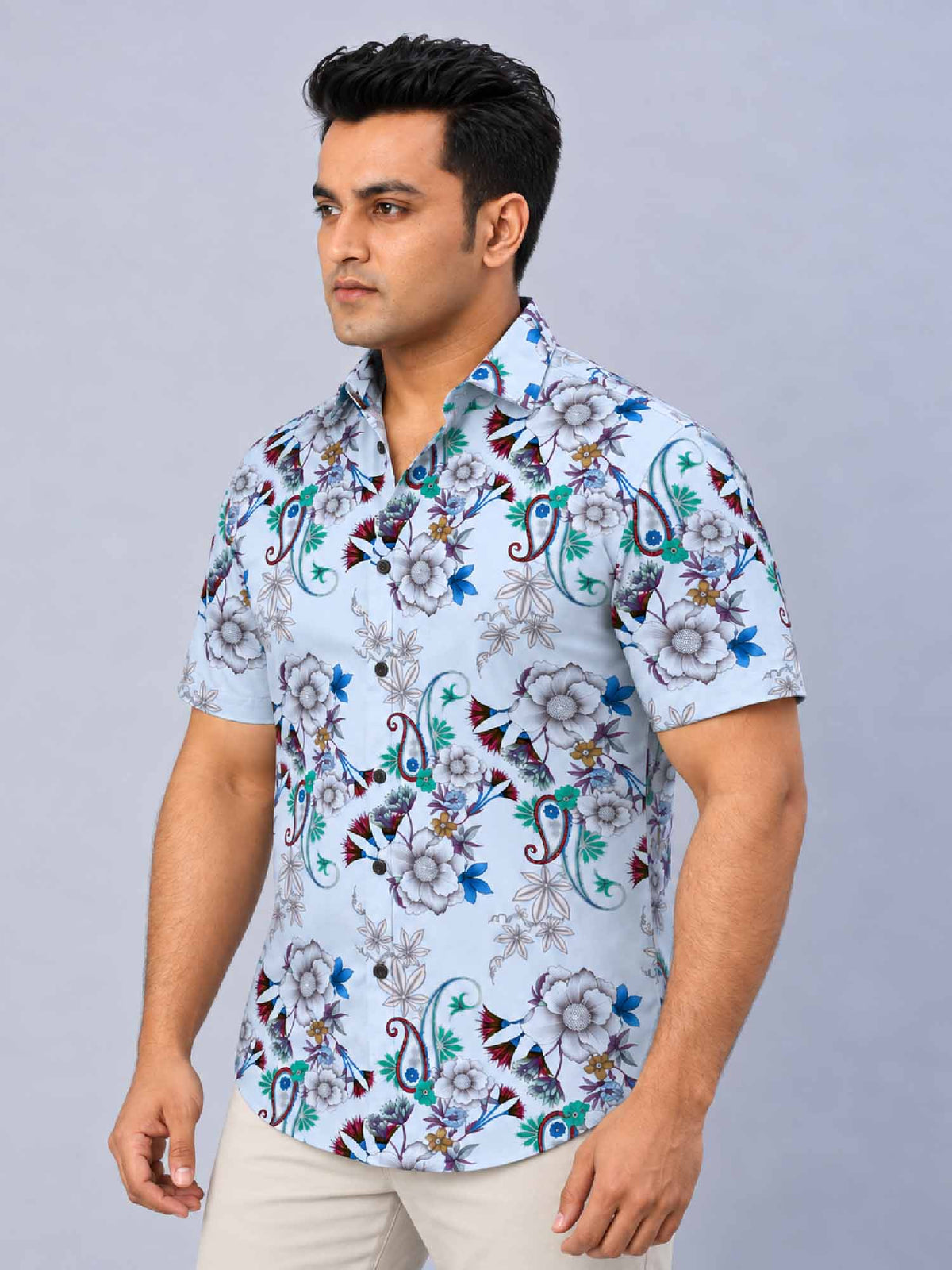 Stylized Flowers Digital Printed Men's Plus Size Half Sleeve Shirt