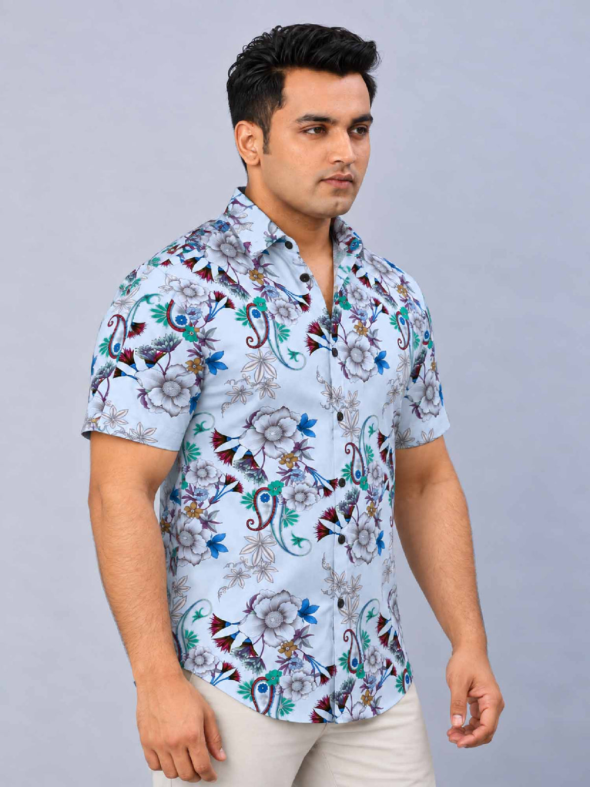 Stylized Flowers Digital Printed Men's Plus Size Half Sleeve Shirt