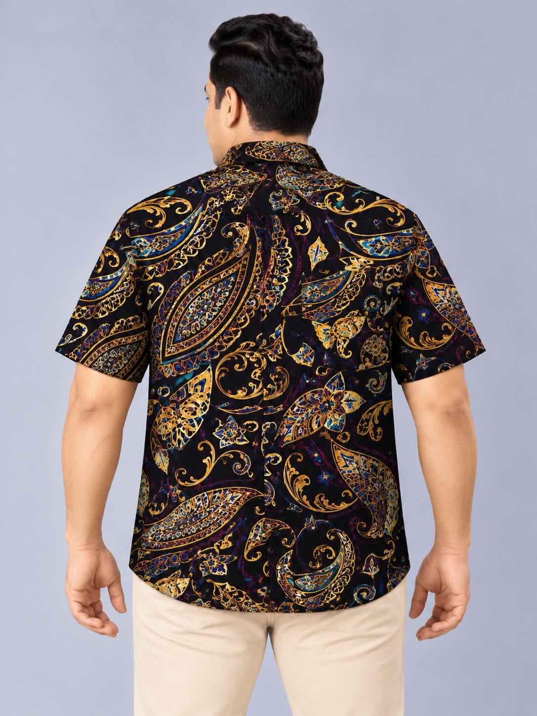 Midnight Gold Paisley Digital Printed Men's Plus Size Half Sleeve Shirt