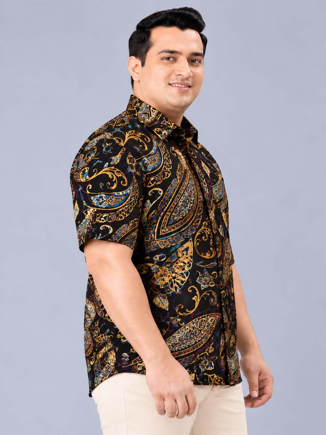 Midnight Gold Paisley Digital Printed Men's Plus Size Half Sleeve Shirt