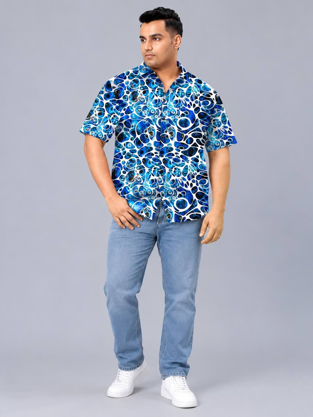 Blue Abstract Bubble Men's Plus Size Half Sleeve Shirt