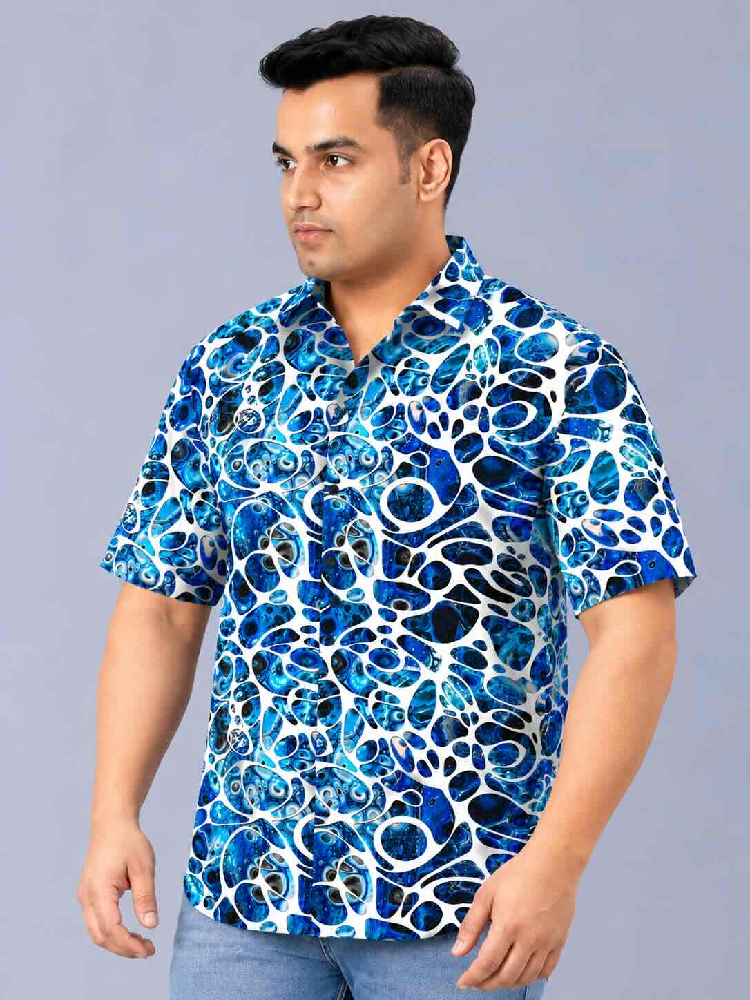 Blue Abstract Bubble Men's Plus Size Half Sleeve Shirt