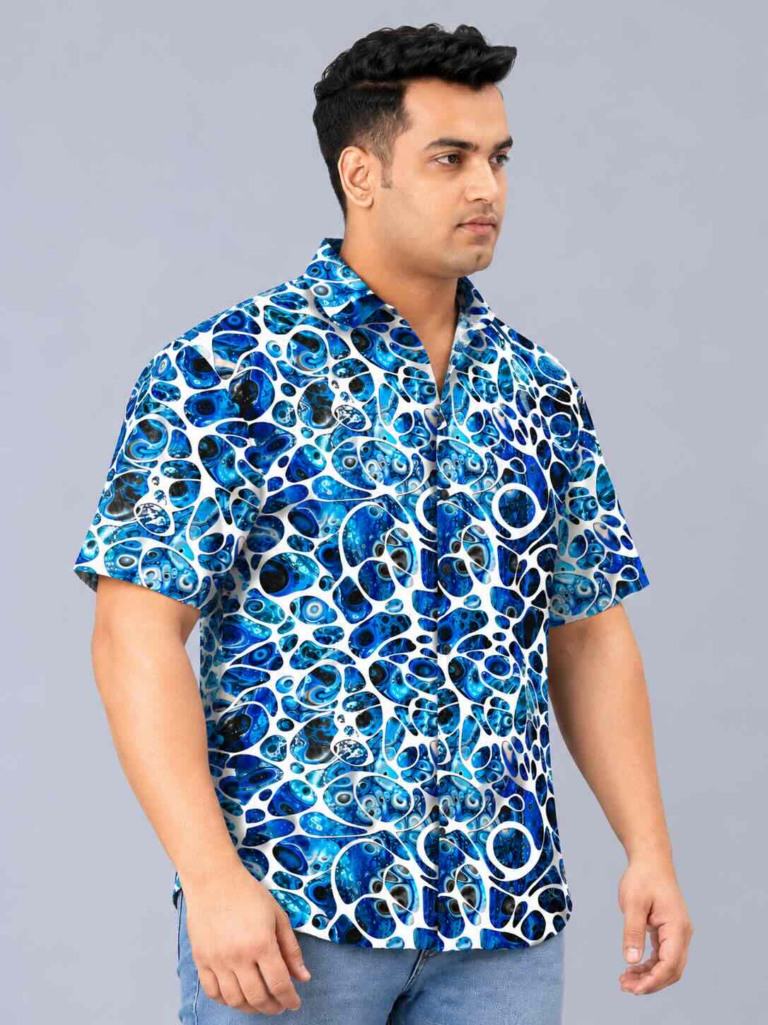 Blue Abstract Bubble Men's Plus Size Half Sleeve Shirt
