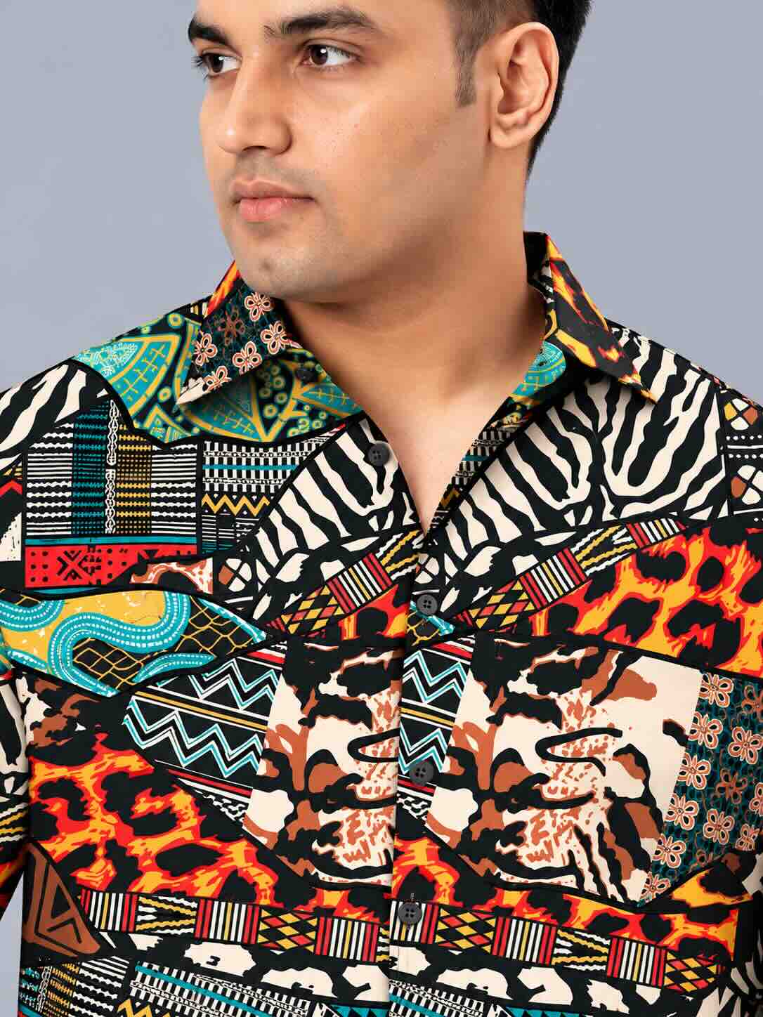 Ethnic Animal Fusion Printed Men's Plus Size Half Sleeve Shirt