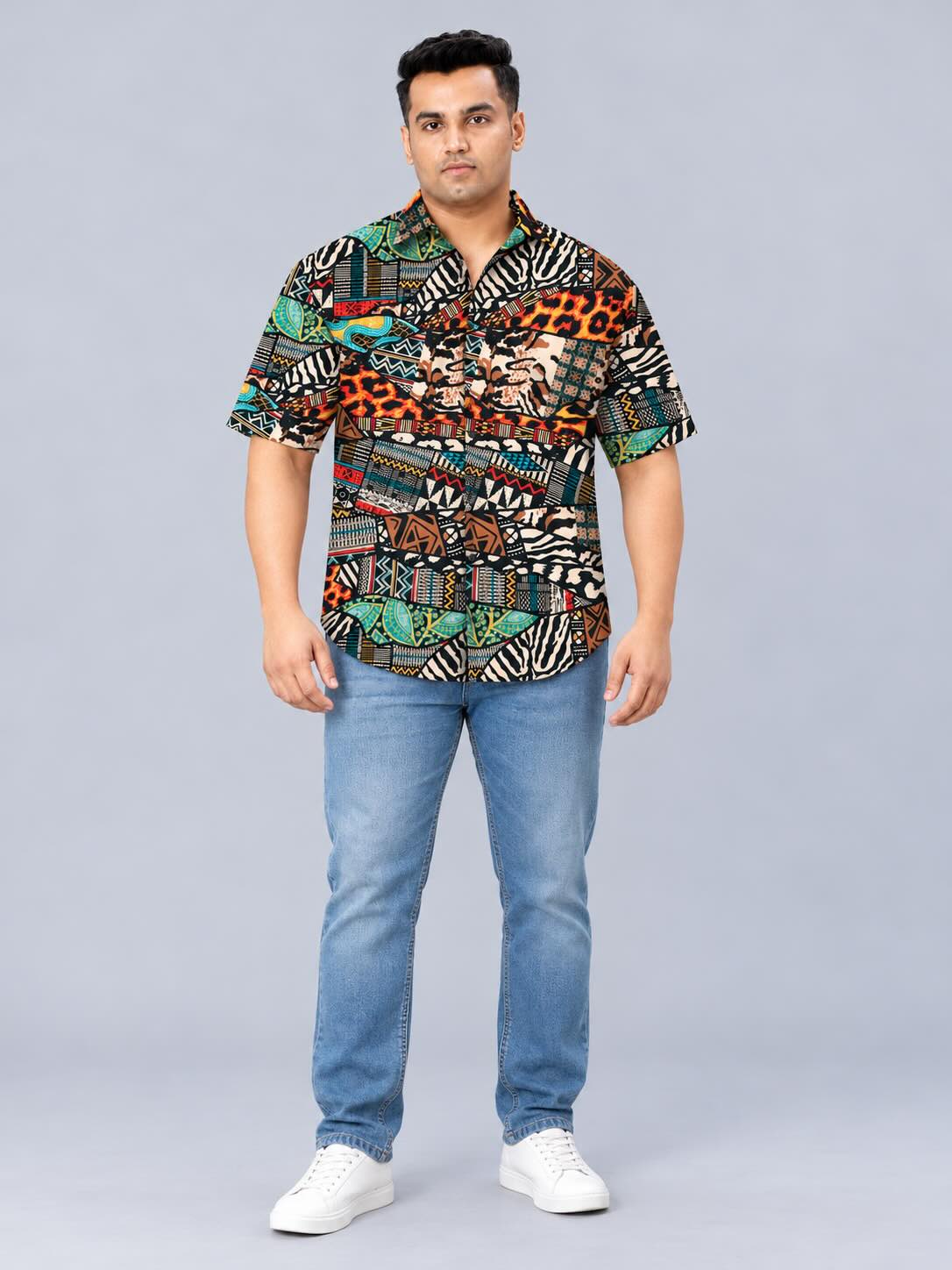 Ethnic Animal Fusion Printed Men's Plus Size Half Sleeve Shirt