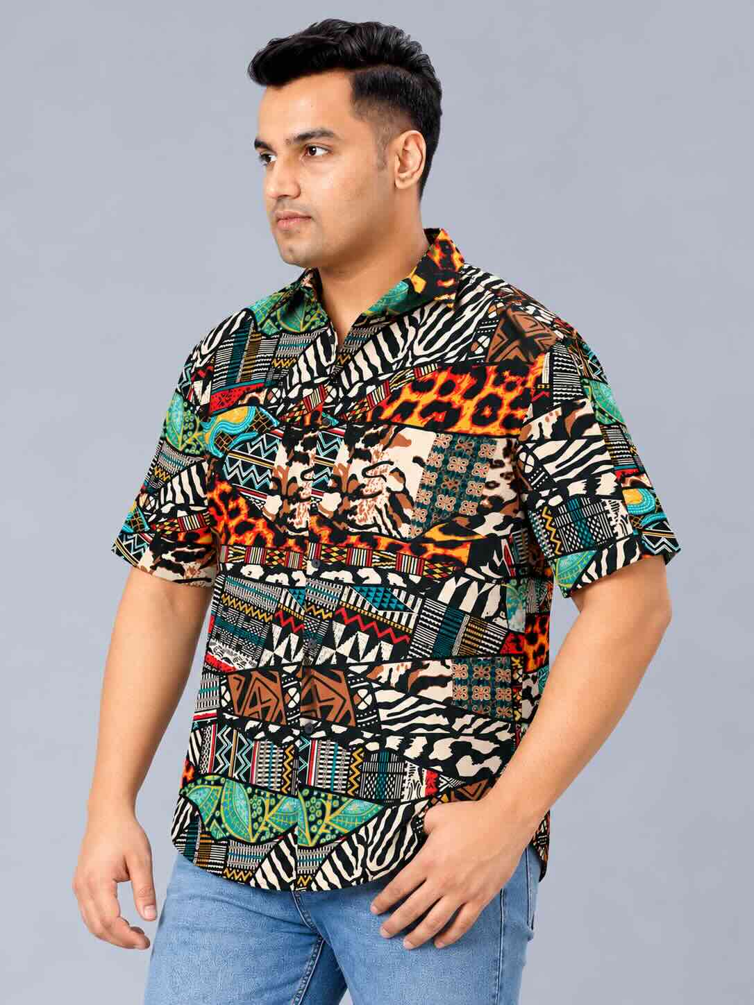 Ethnic Animal Fusion Printed Men's Plus Size Half Sleeve Shirt
