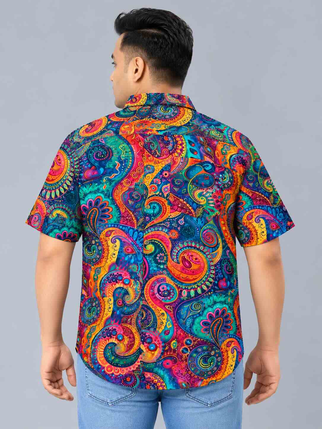 Rainbow Paisley Digital Printed Men's Plus Size Half Sleeve Shirt