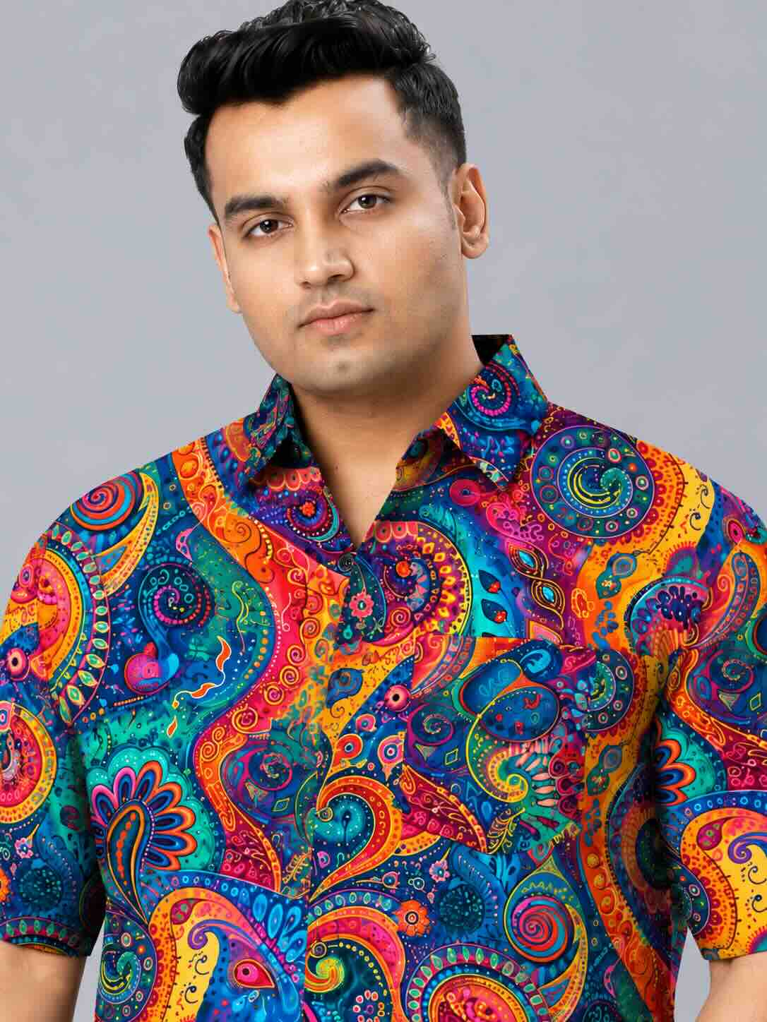 Rainbow Paisley Digital Printed Men's Plus Size Half Sleeve Shirt